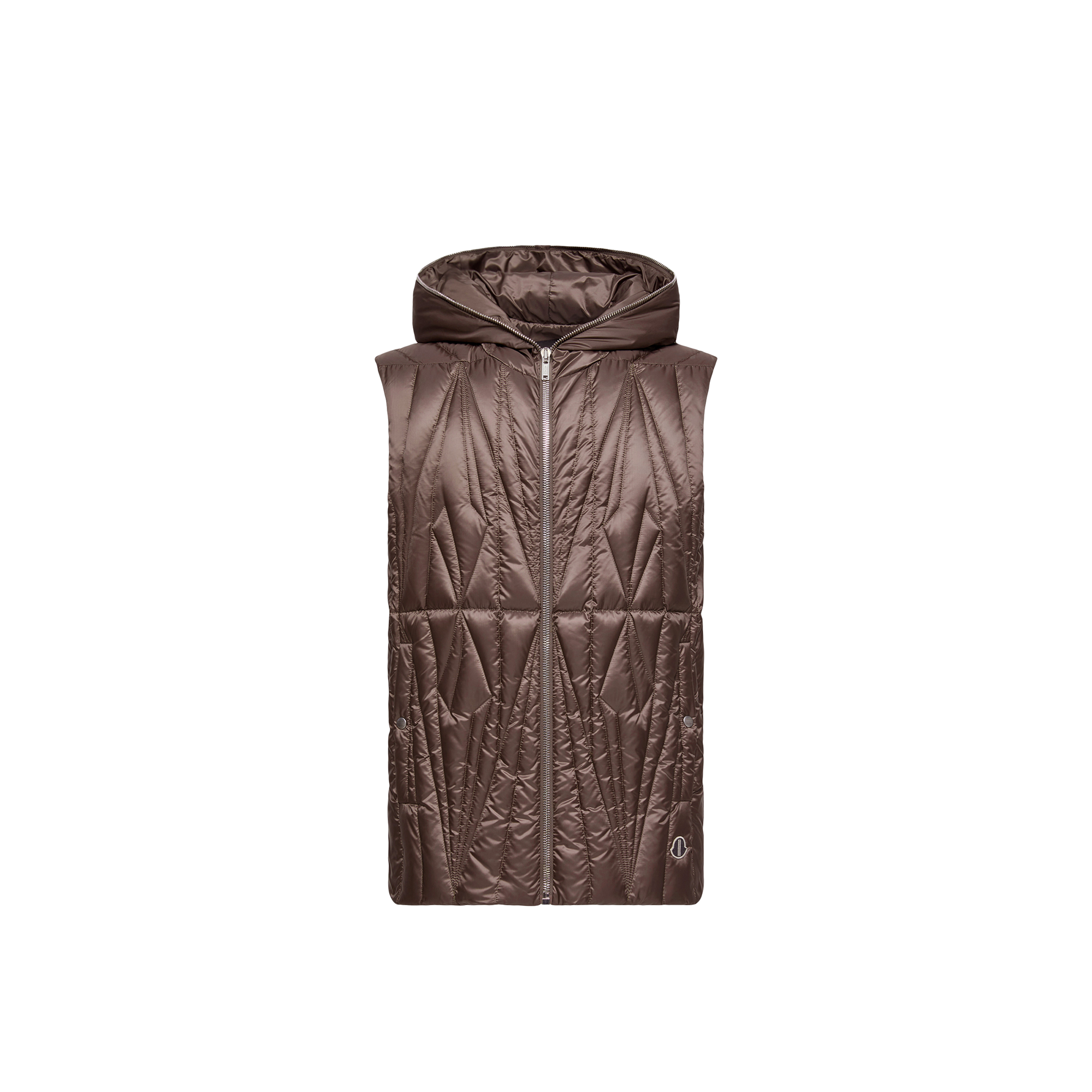 Moncler   Geocamo Ziplock Hooded Down Gilet  in Brown, Size: 2