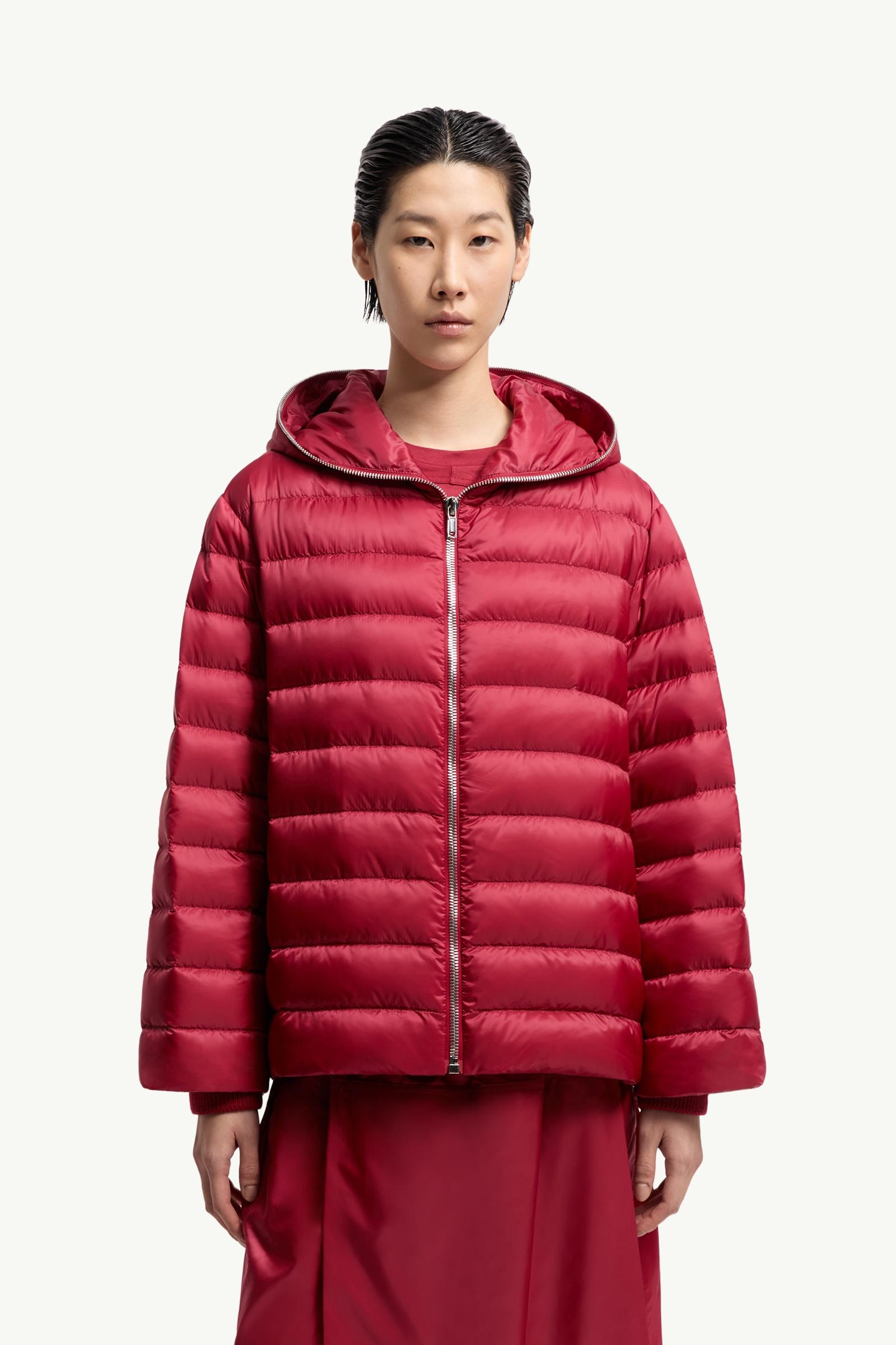 Berry Red Moncler + Rick Owens Ziplock Hooded Short Down Jacket
