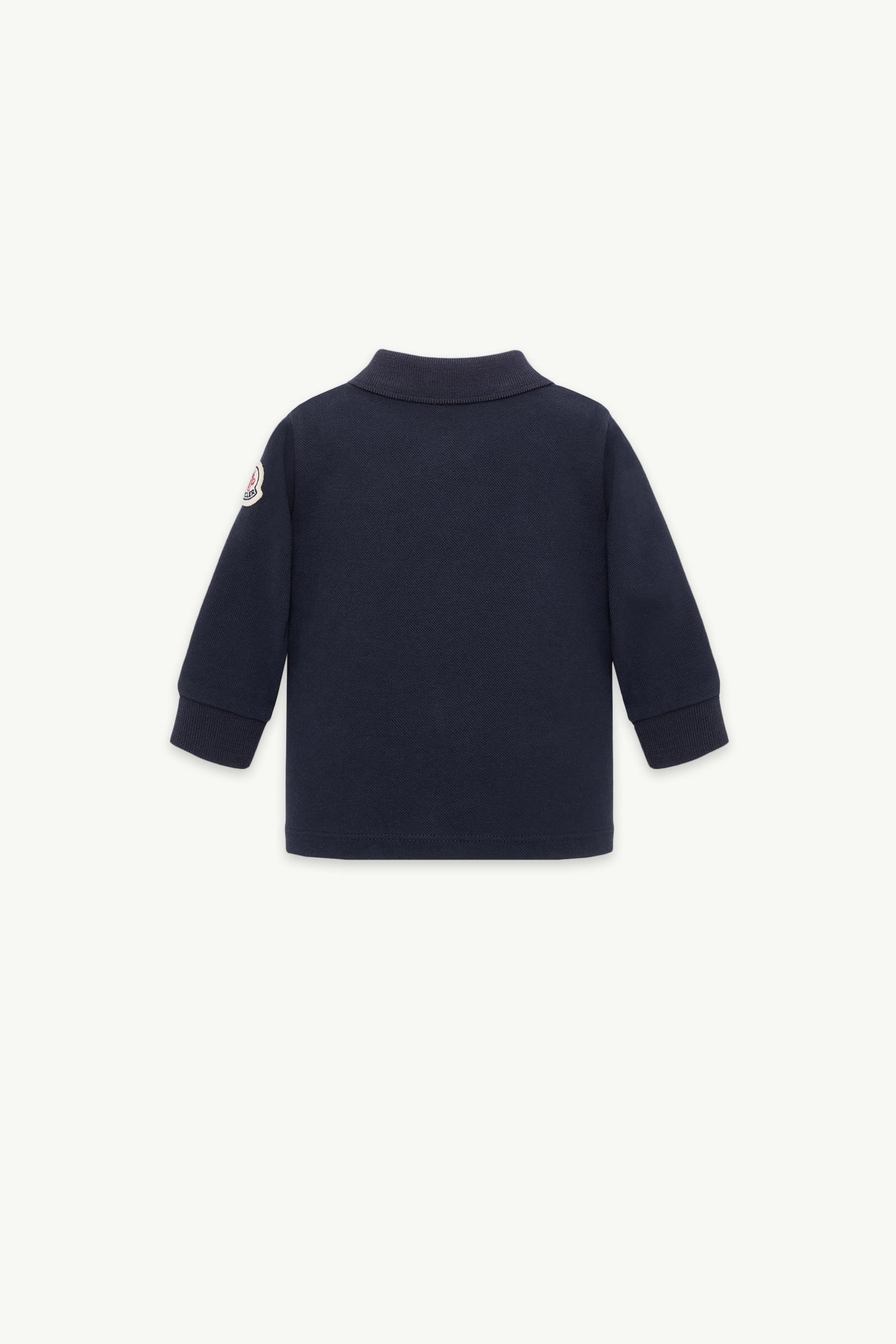Navy Blue Tricolor Cotton Piquet Long Sleeve Polo Shirt - Clothing