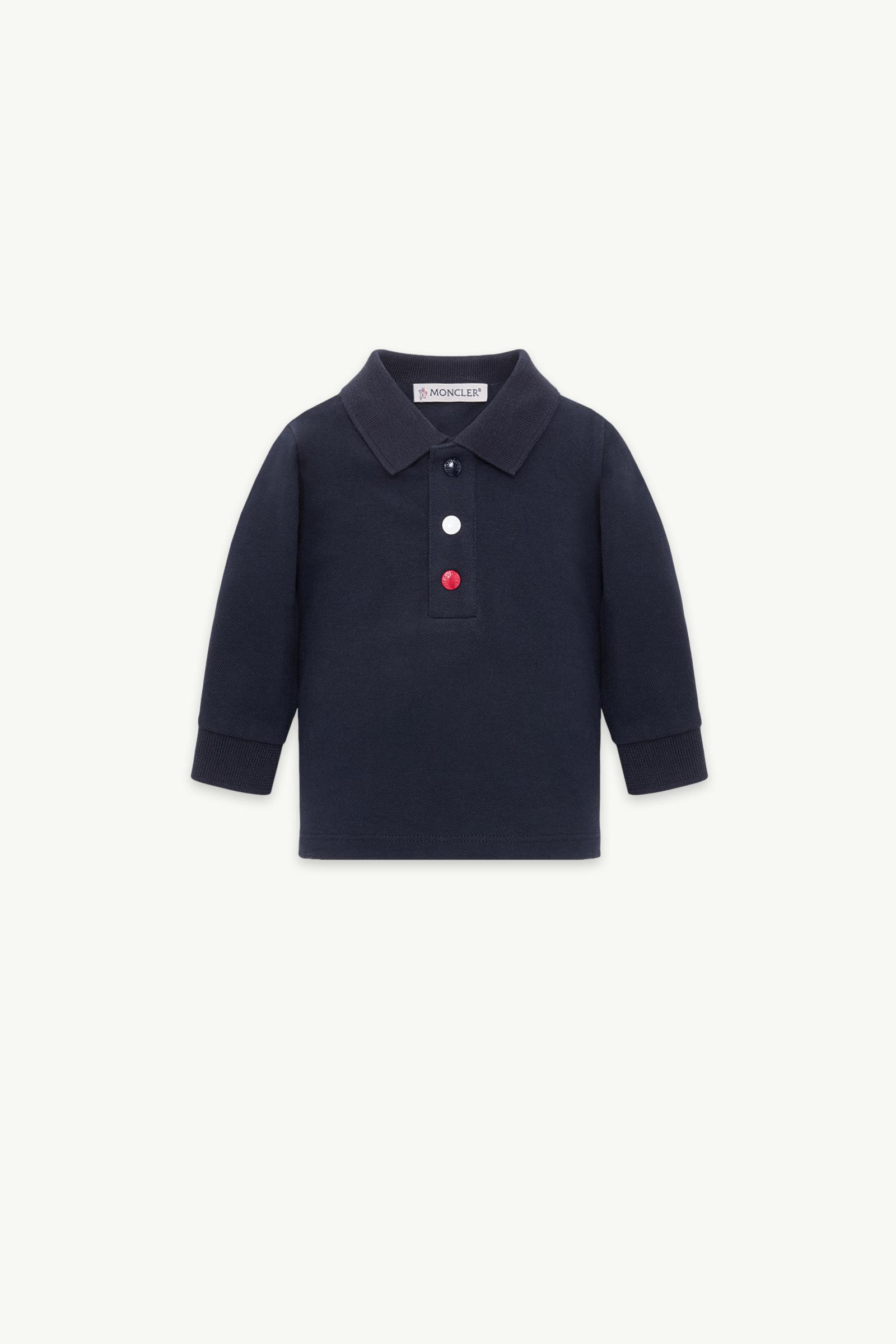Navy Blue Tricolour Cotton Piquet Long Sleeve Polo Shirt