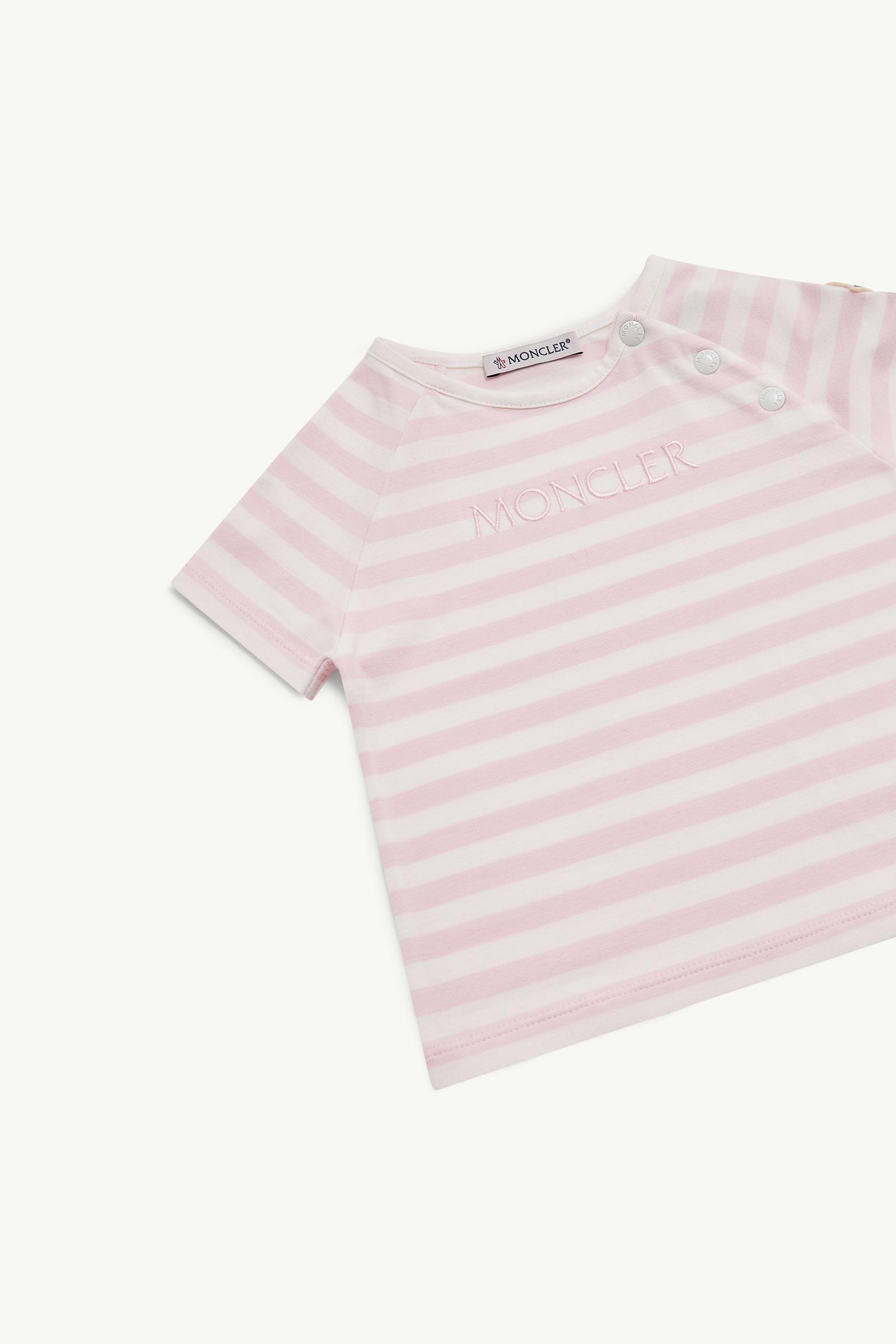 White & Pink Striped Logo Cotton Blend T-Shirt - Clothing for