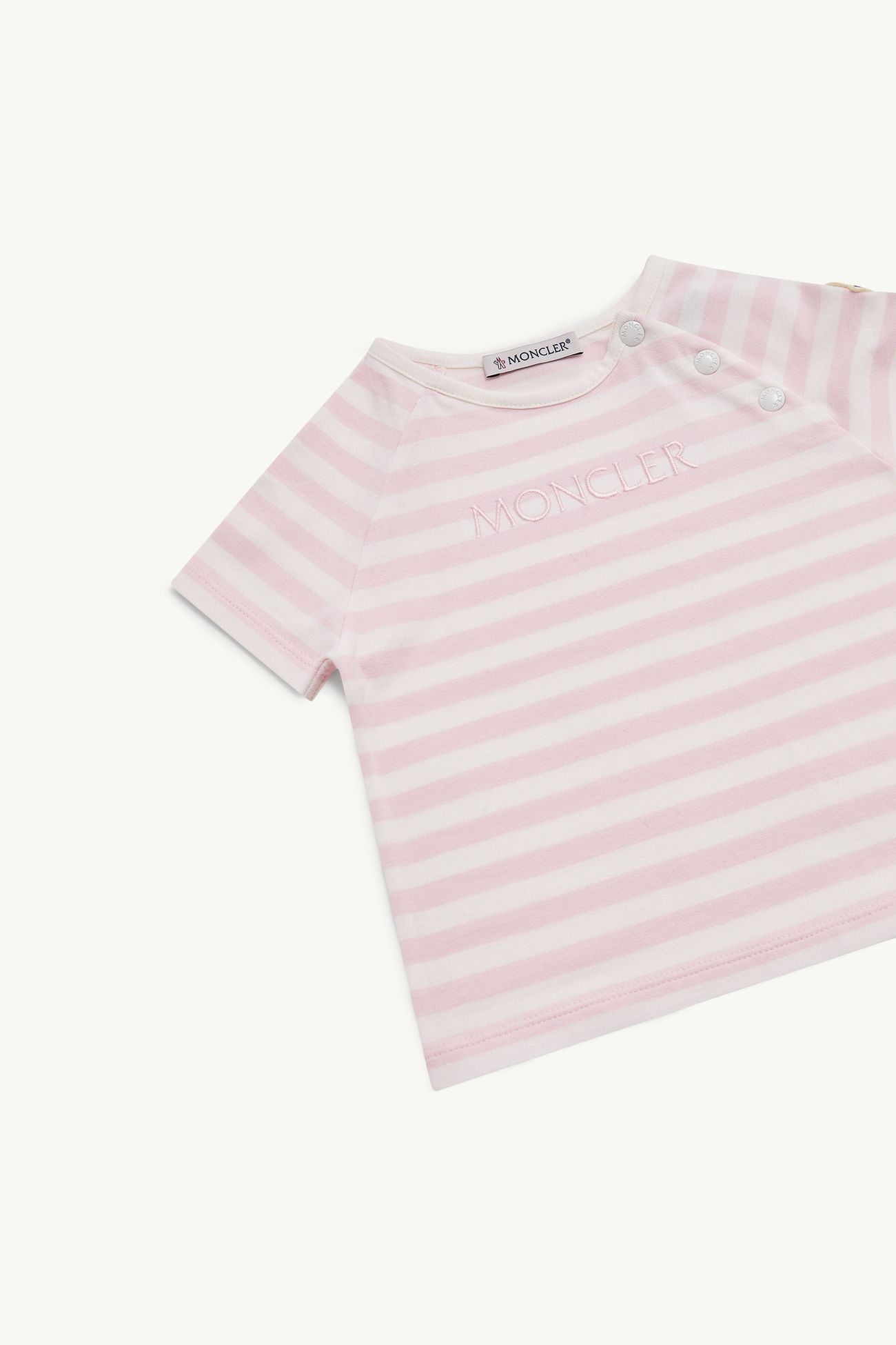 Striped Logo Cotton Blend T-Shirt Girl White & Pink Moncler 1