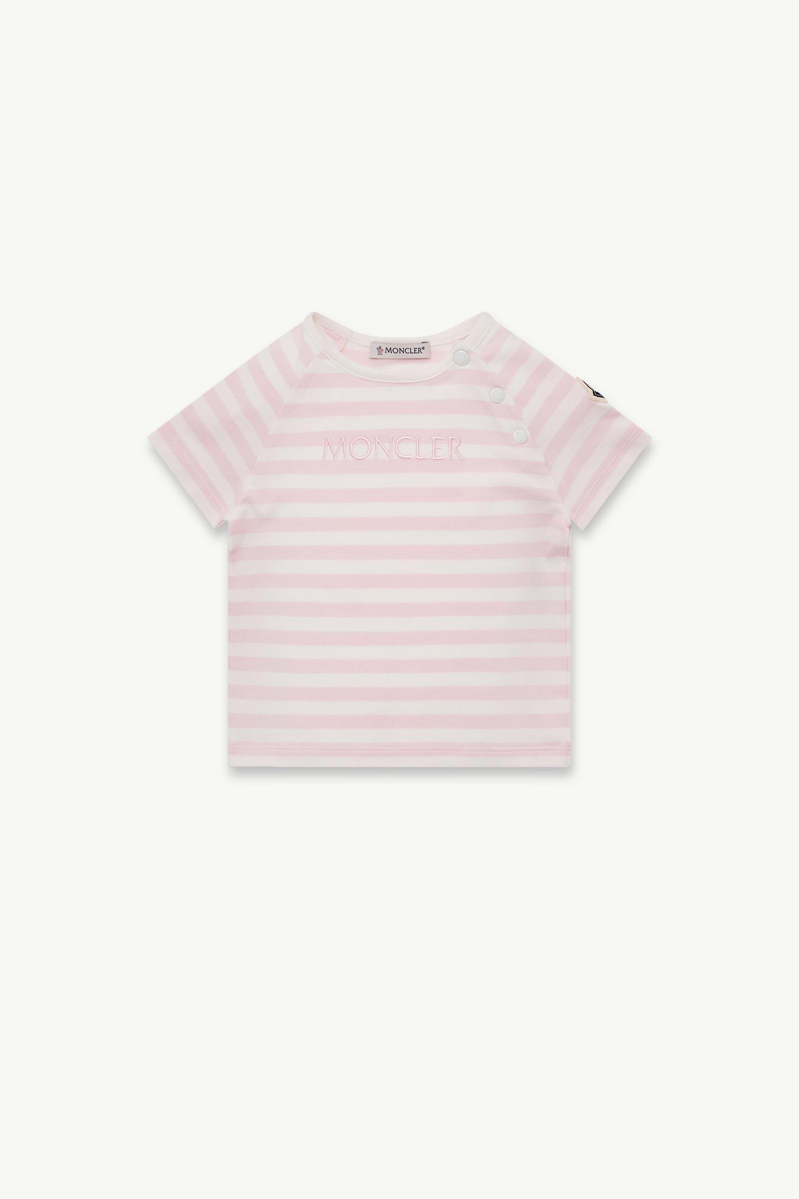 White & Pink Striped Logo Cotton Blend T-Shirt - Clothing for