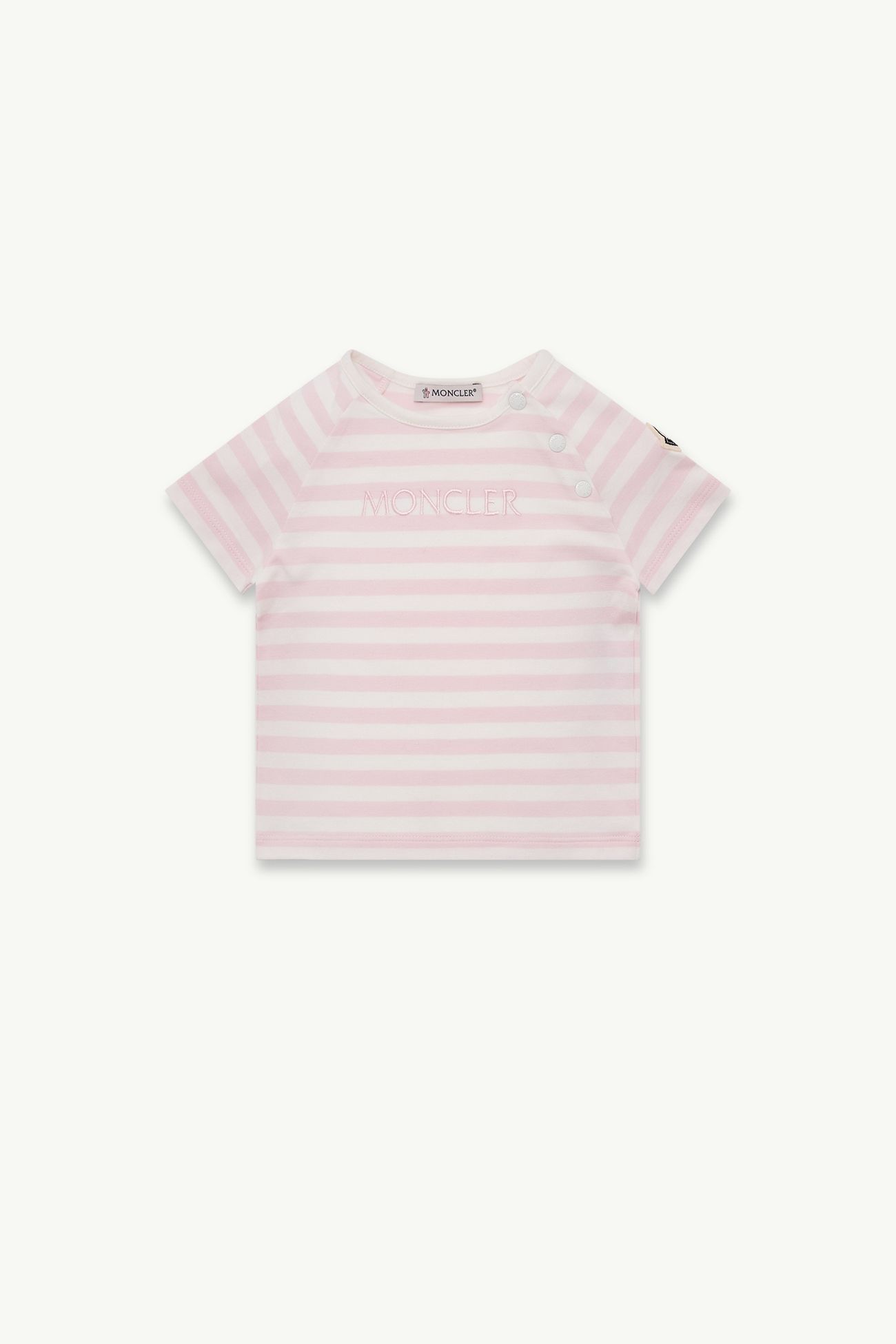 Striped Logo Cotton Blend T-Shirt Girl White & Pink Moncler 0
