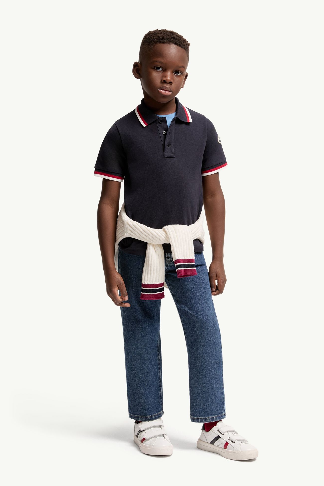 Polo in cotone con finiture tricolore Bambino Blu Navy Moncler 1