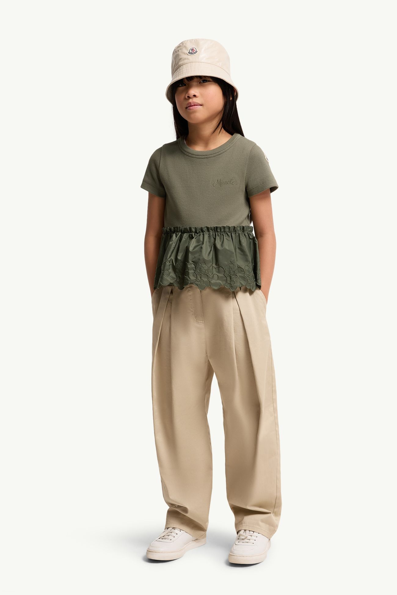 T-shirt plissée à fleurs brodées Fille Vert Olive Moncler 1