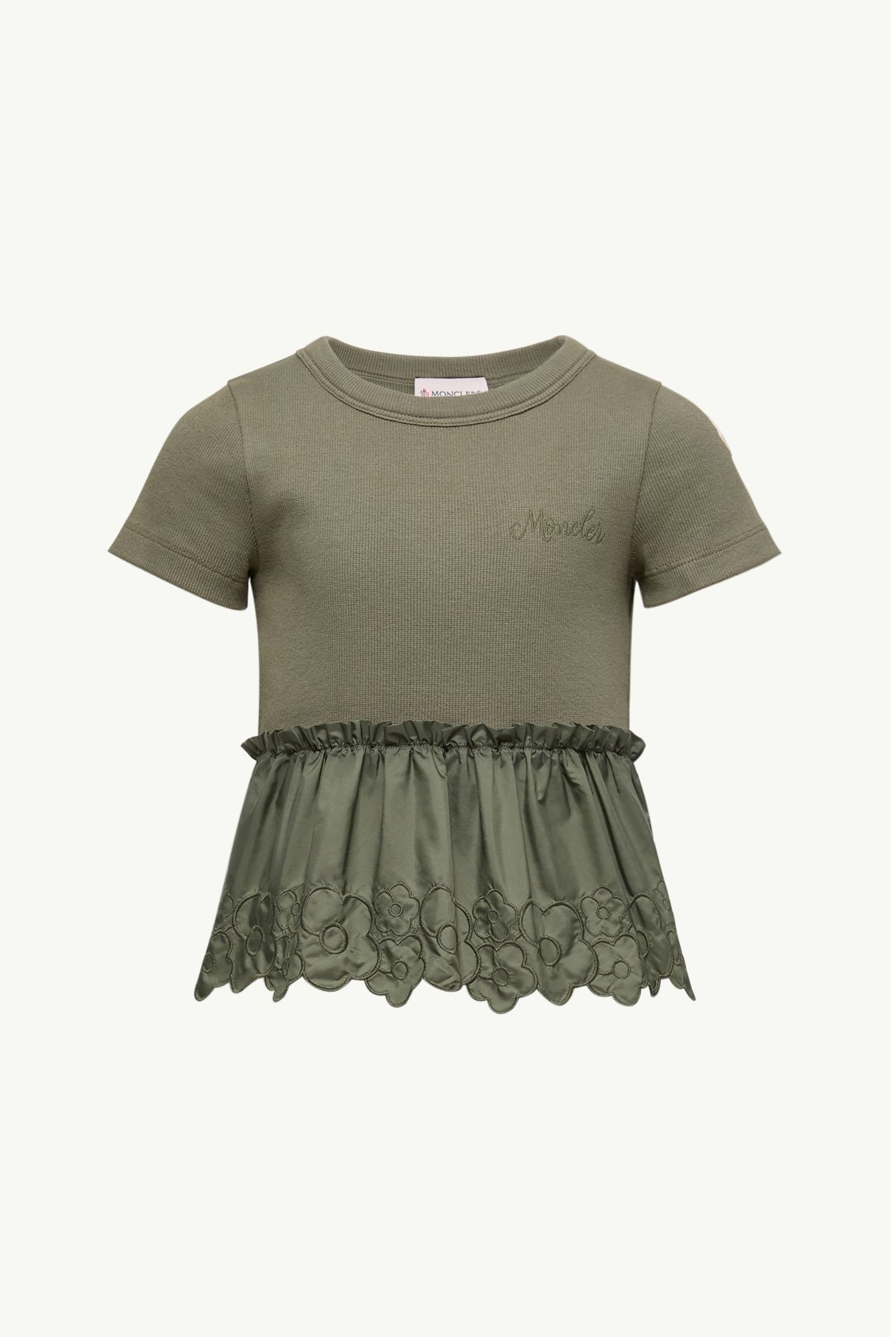 Camiseta plisada con bordado de flores Niña Verde Oliva Moncler 0