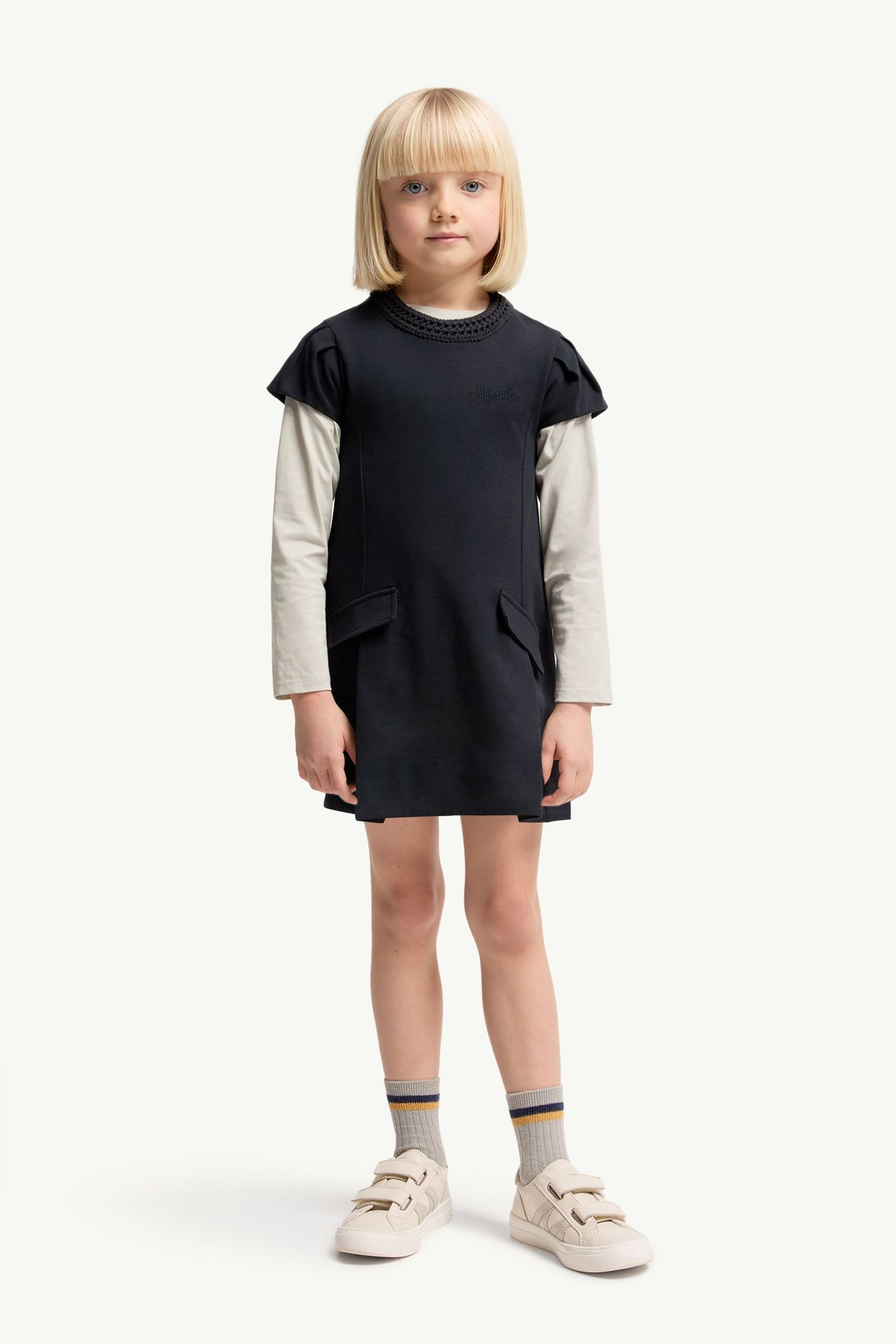 Crochet-Trimmed Cotton Dress Girl Navy Blue Moncler 1