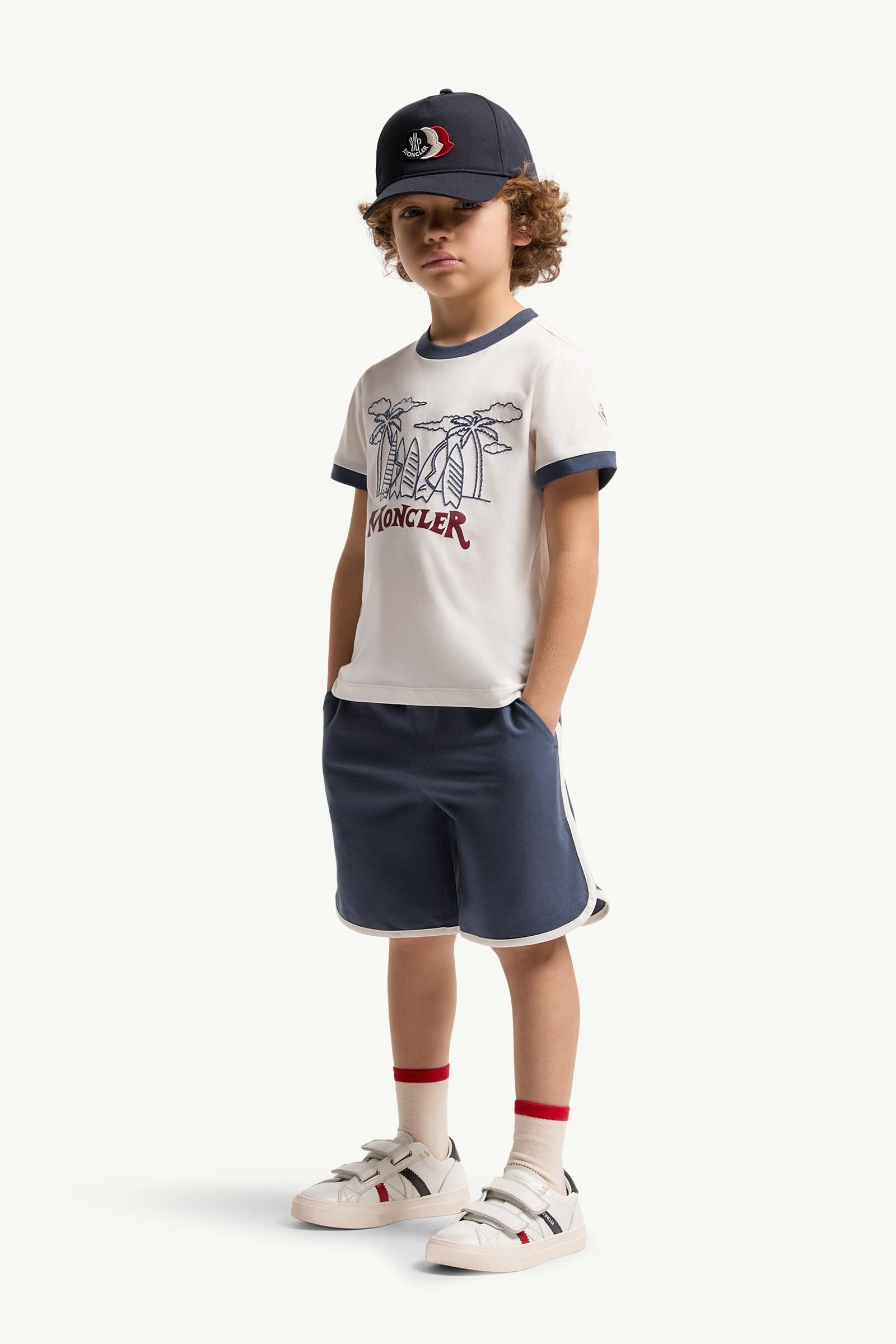 White & Blue Cotton Jersey Top And Shorts Set - Pants & Tracksuits