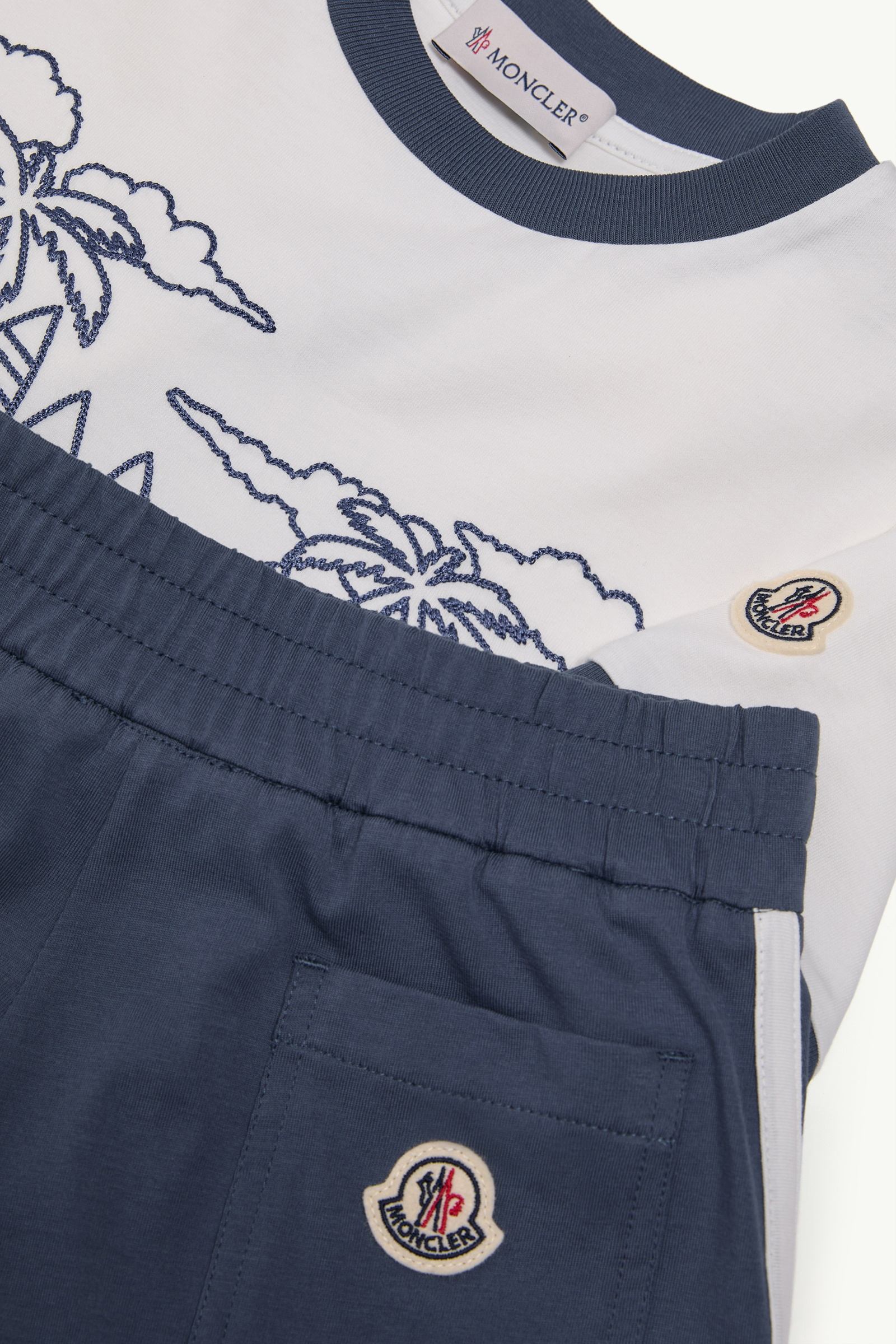 White & Blue Cotton Jersey Top And Shorts Set - Pants & Tracksuits