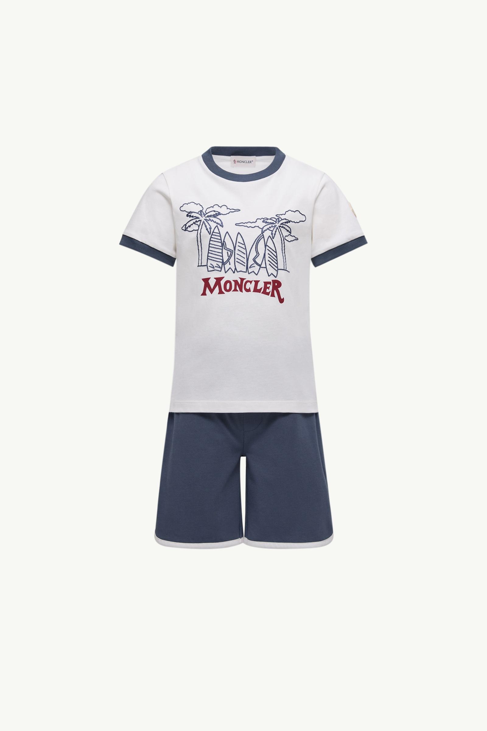 White & Blue Cotton Jersey Top And Shorts Set - Pants & Tracksuits
