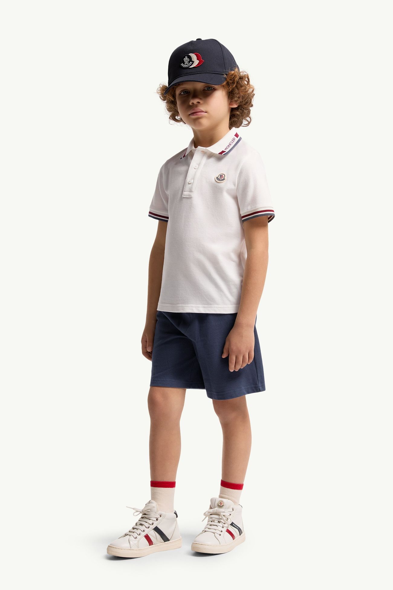 Conjunto de piqué de algodón con ribete tricolor Niño Blanco & Azul Moncler 1