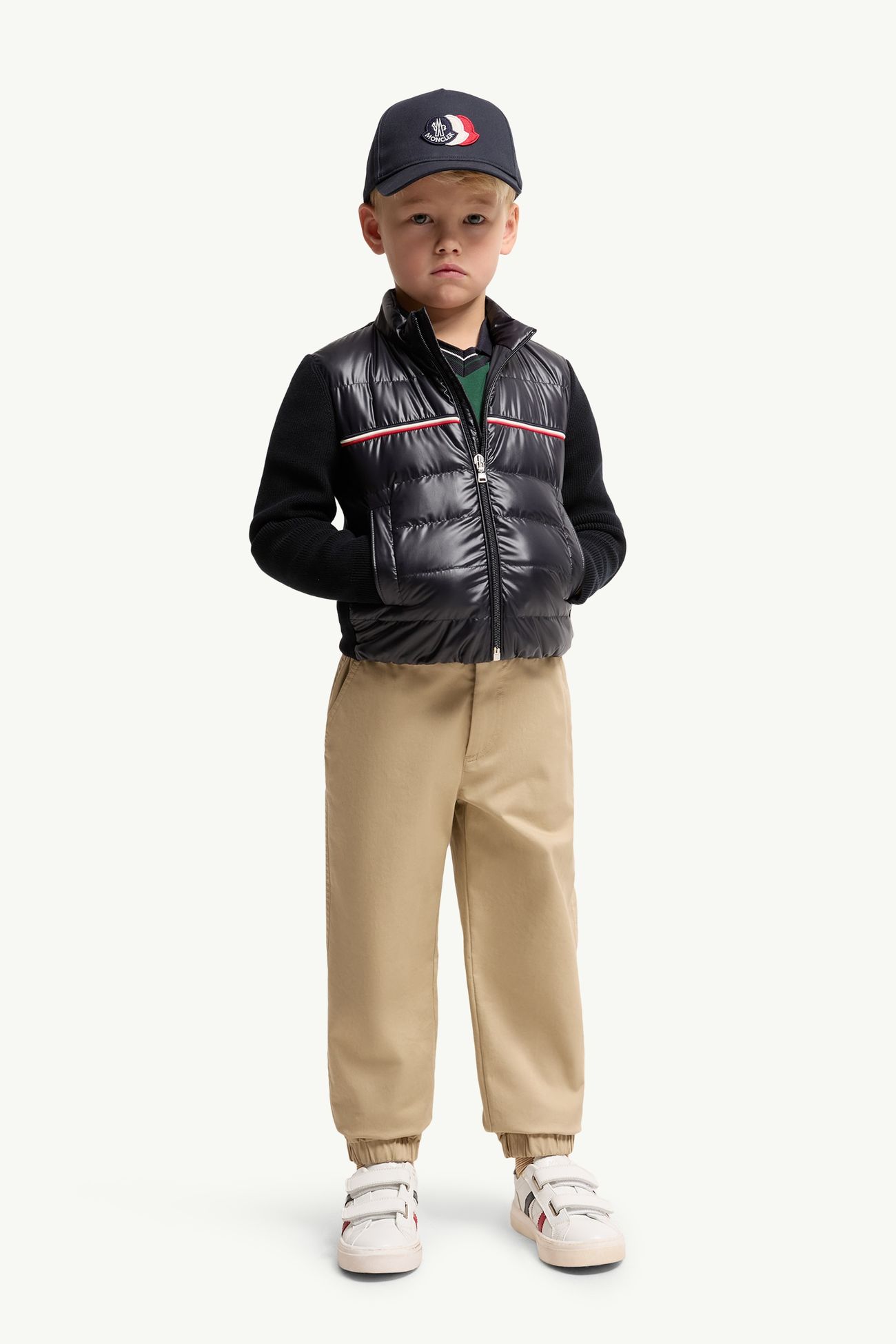 三色夾層棉質拉鏈開襟毛衣 男童 海軍藍色 Moncler 1