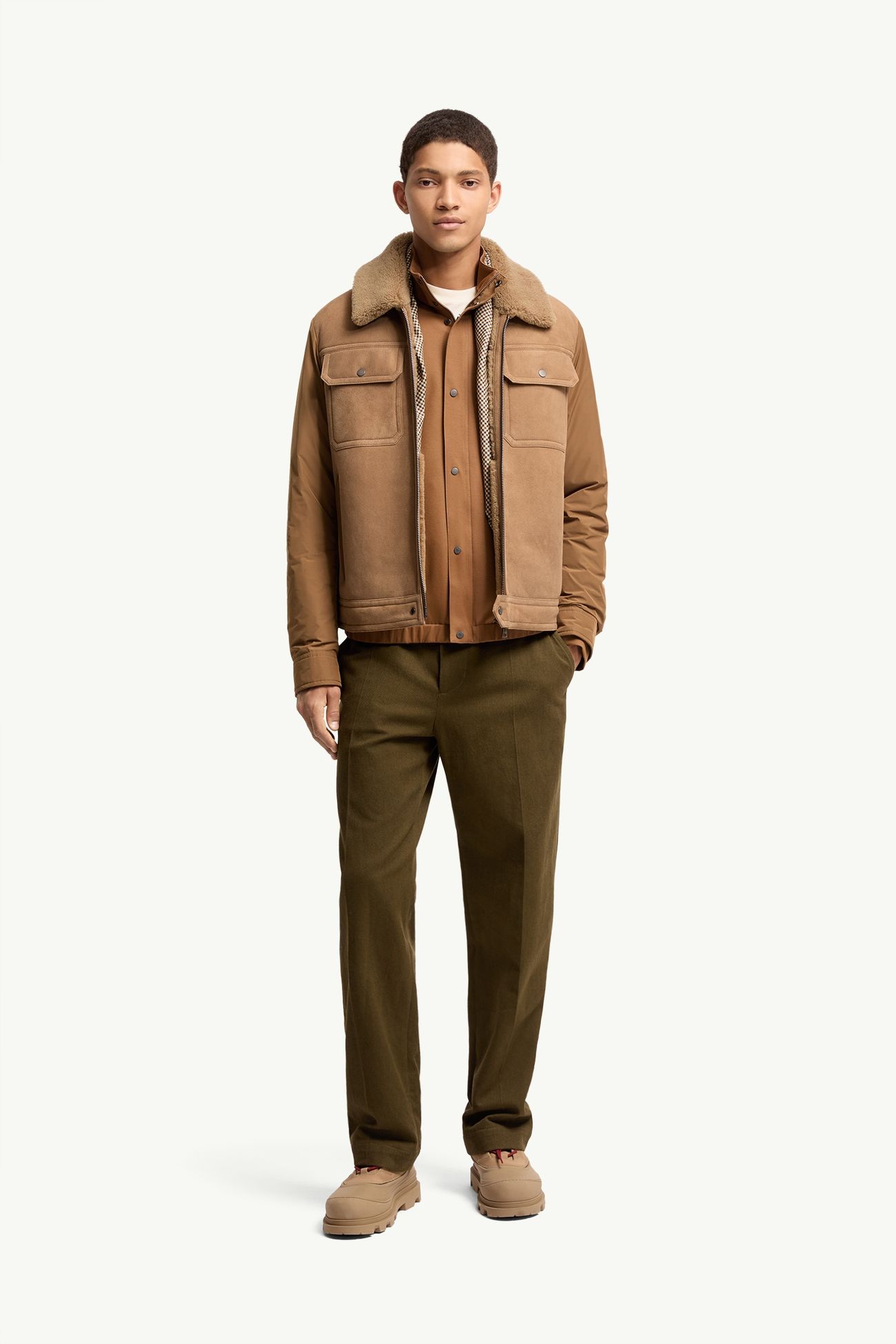 Zerique Shearling & Suede Short Down Jacket Men Camel Beige Moncler 0