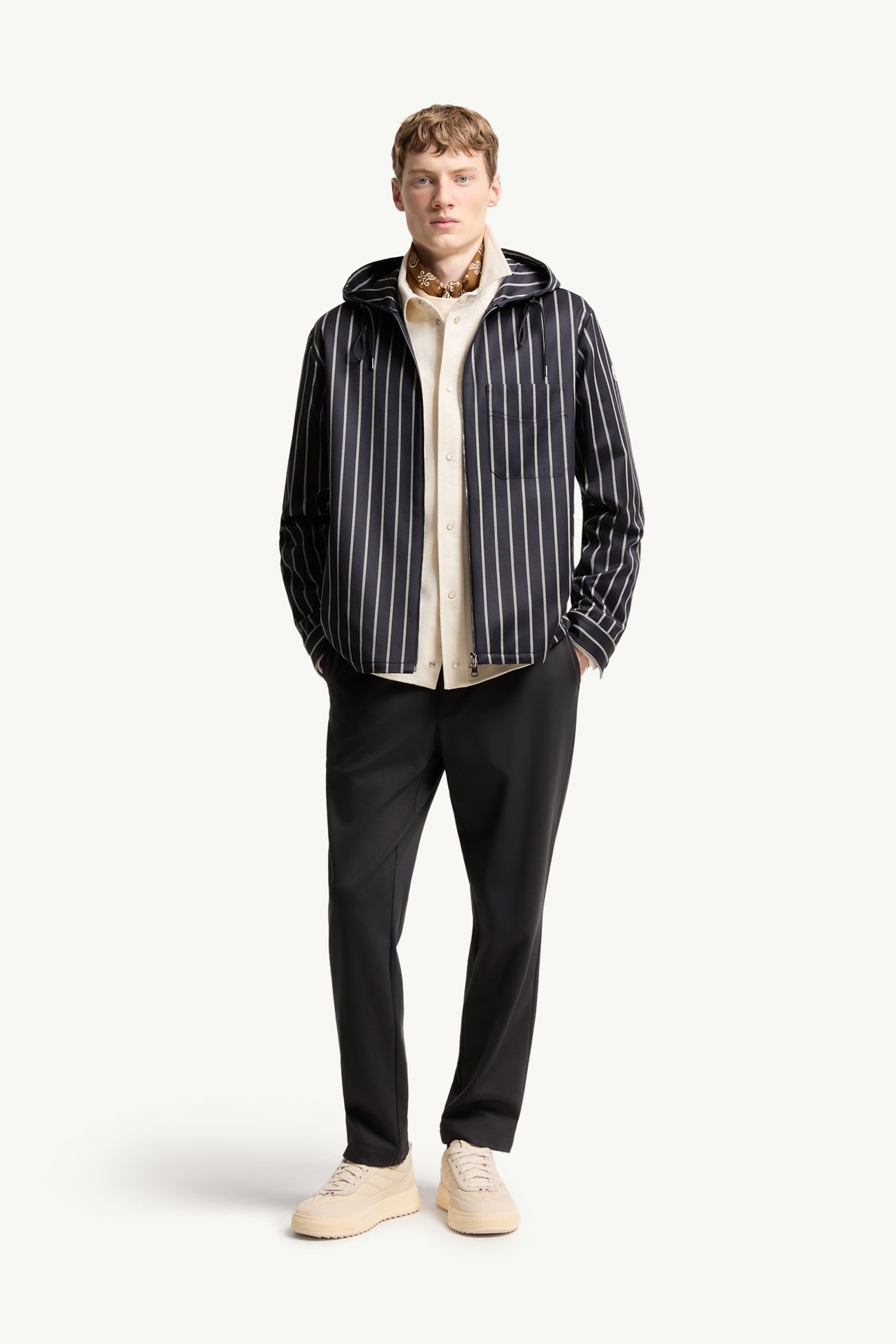 Wool & Cotton Striped Hooded Jacket Men Blue & White Moncler 0