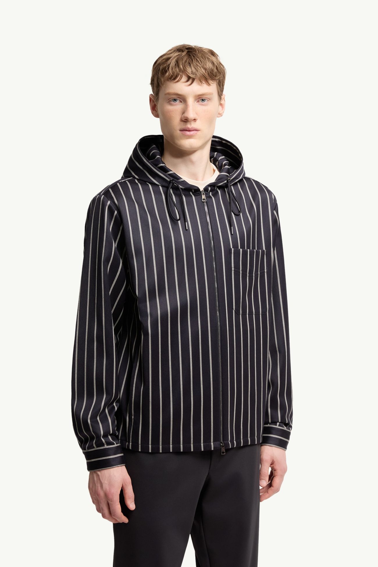 Wool & Cotton Striped Hooded Jacket Men Blue & White Moncler 3