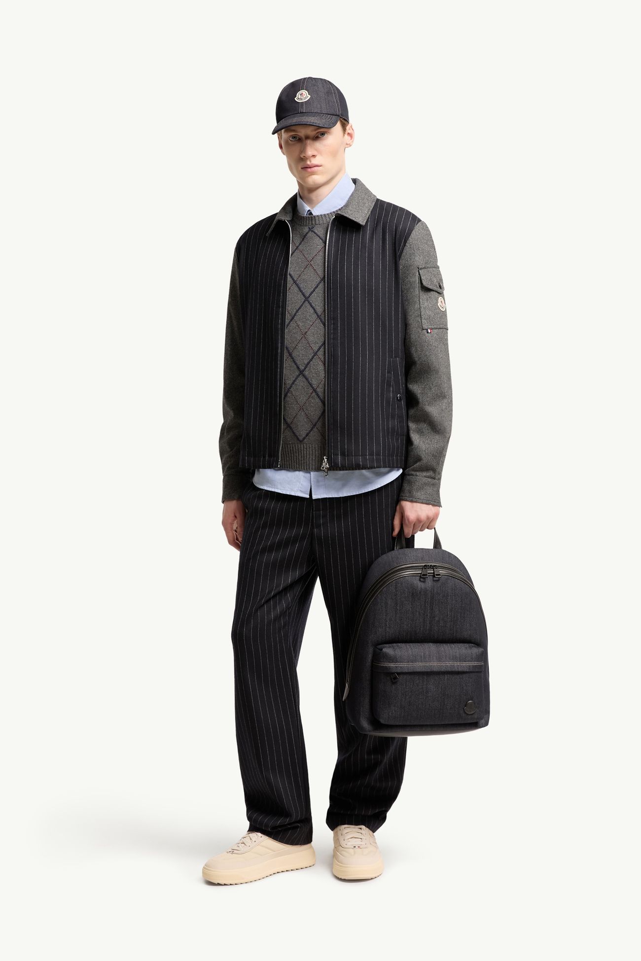 Giacca camicia con zip in misto lana a spina di pesce Uomo Blu & Grigio Moncler 0