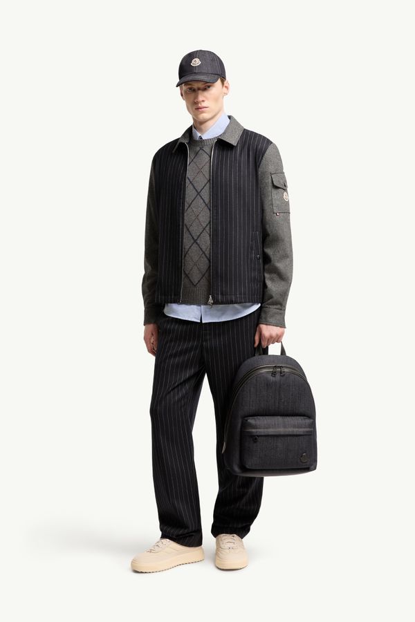 Herringbone Wool Blend Zip-Up Shirt Jacket Men Blue & Gray Moncler 0