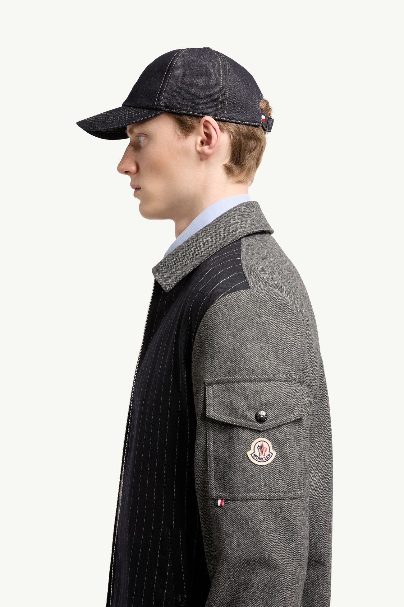 Herringbone Wool Blend Zip-Up Shirt Jacket Men Blue & Gray Moncler 1