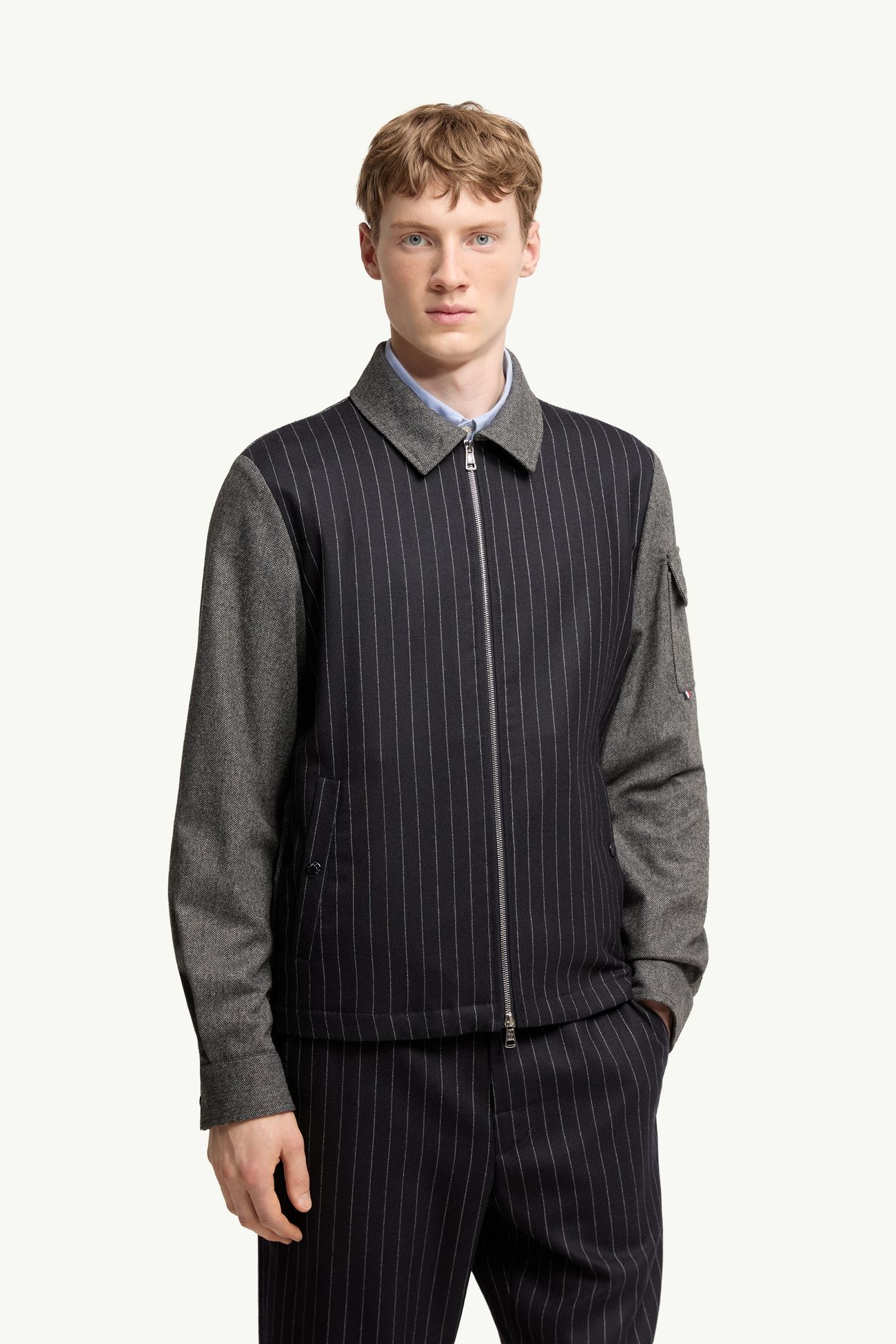 Herringbone Wool Blend Zip-Up Shirt Jacket Men Blue & Gray Moncler 3