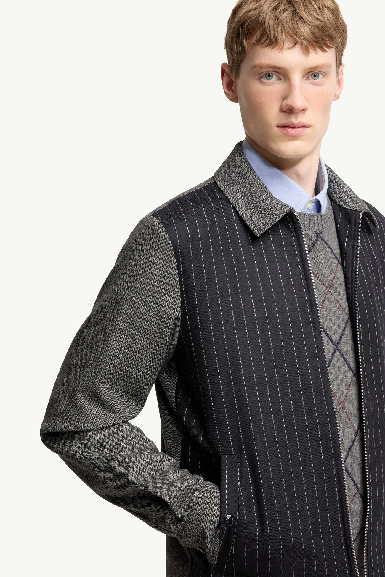 Giacca camicia con zip in misto lana a spina di pesce Uomo Blu & Grigio Moncler 5
