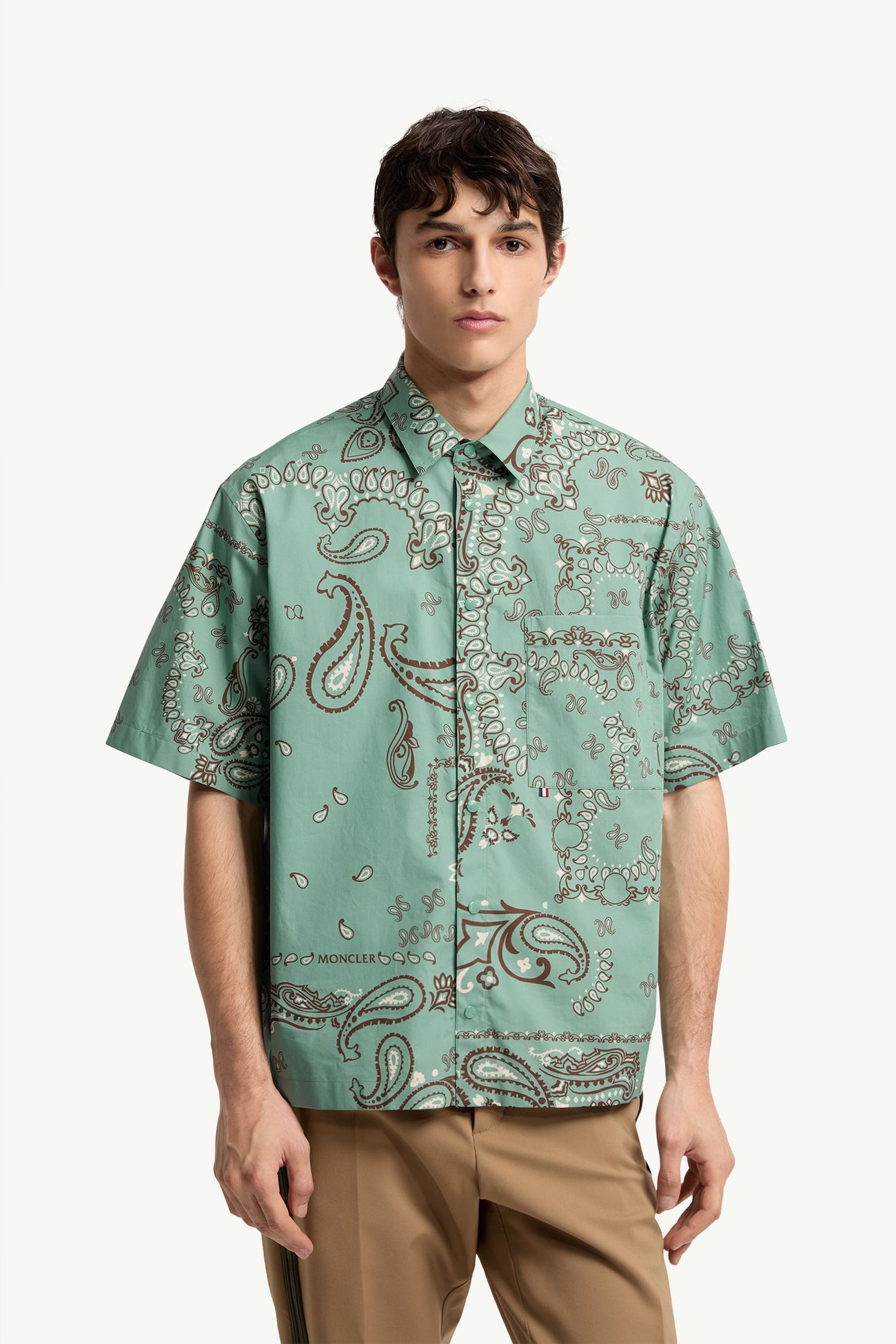 Chemise en coton à manches courtes à motif cachemire Hommes Vert D’Eau Moncler 3