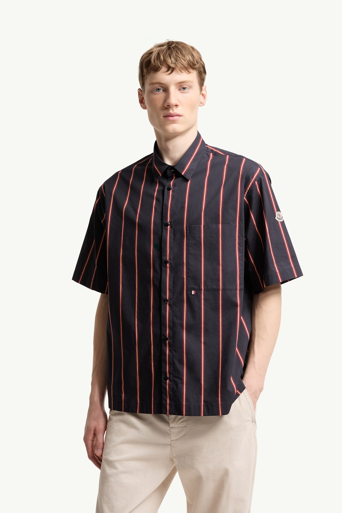 Striped Cotton Short Sleeve Shirt Men Blue & Red Moncler 3