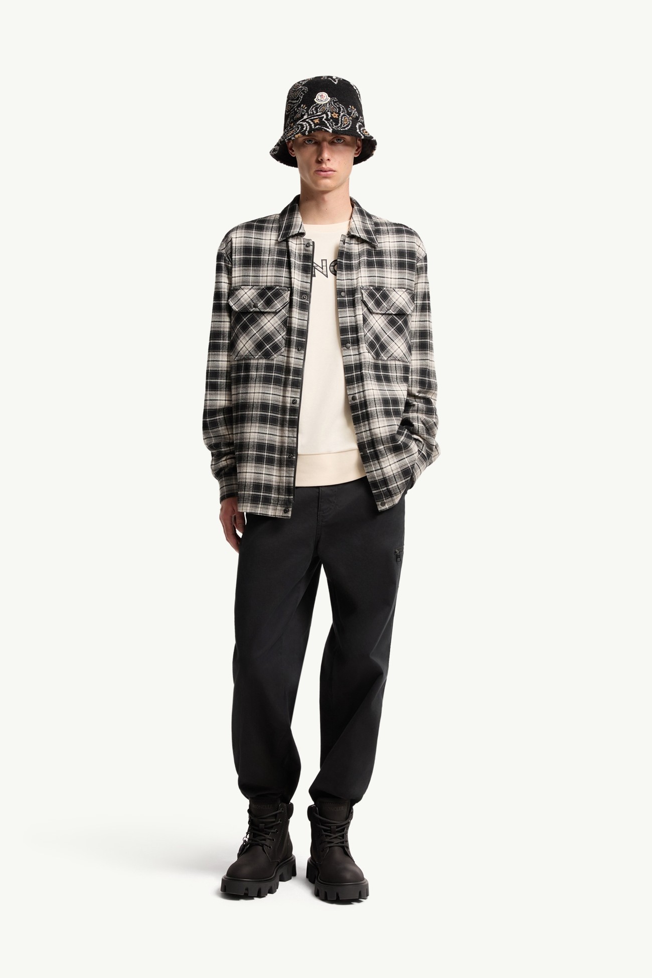 Check Cotton Flannel Zip-Up Shirt Men Black & White Moncler 0