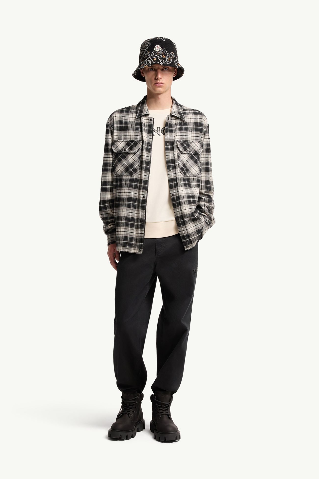 格紋棉質法蘭絨拉鏈恤衫 男士 黑色和白色 Moncler 0