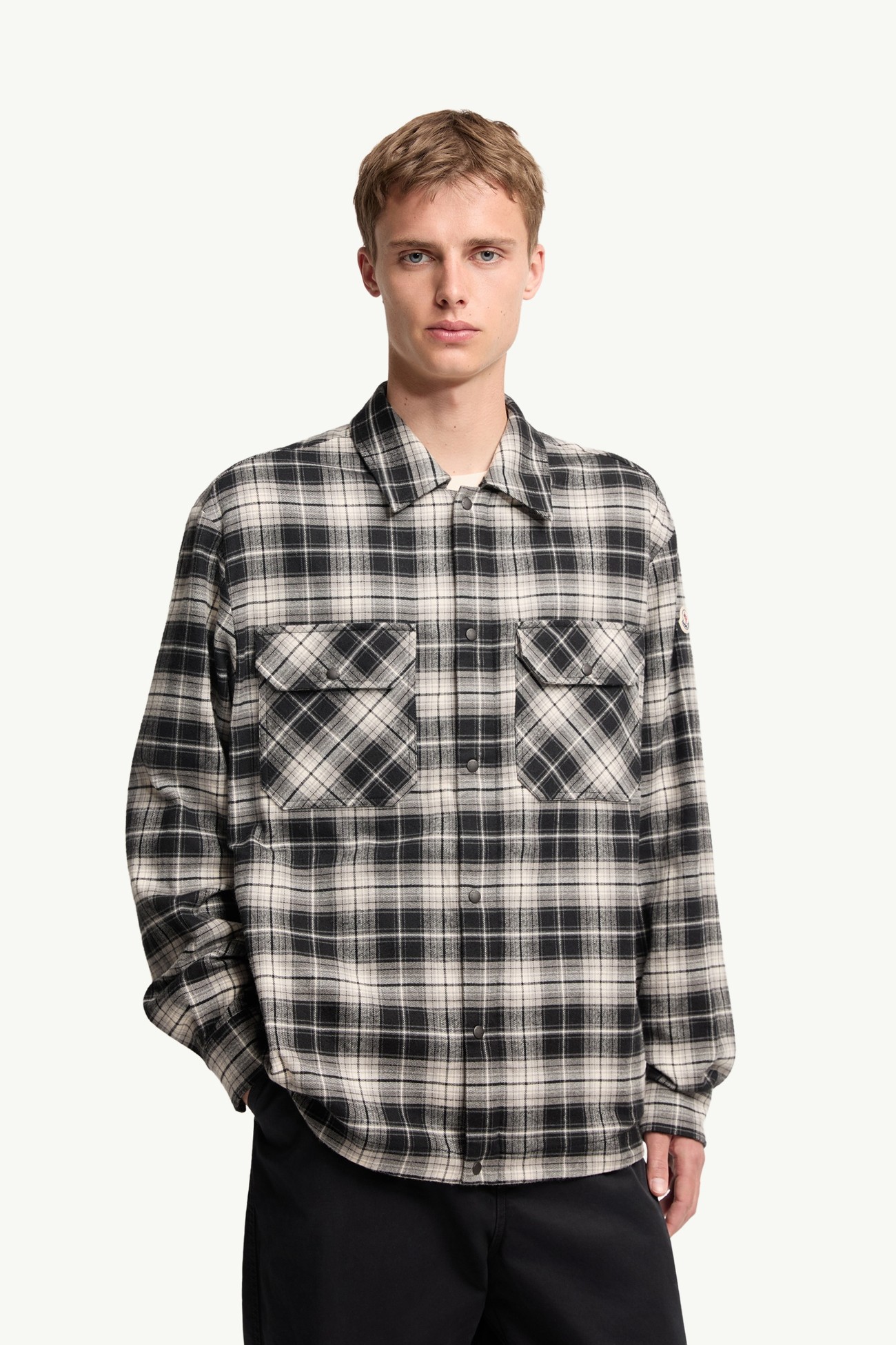 Check Cotton Flannel Zip-Up Shirt Men Black & White Moncler 3