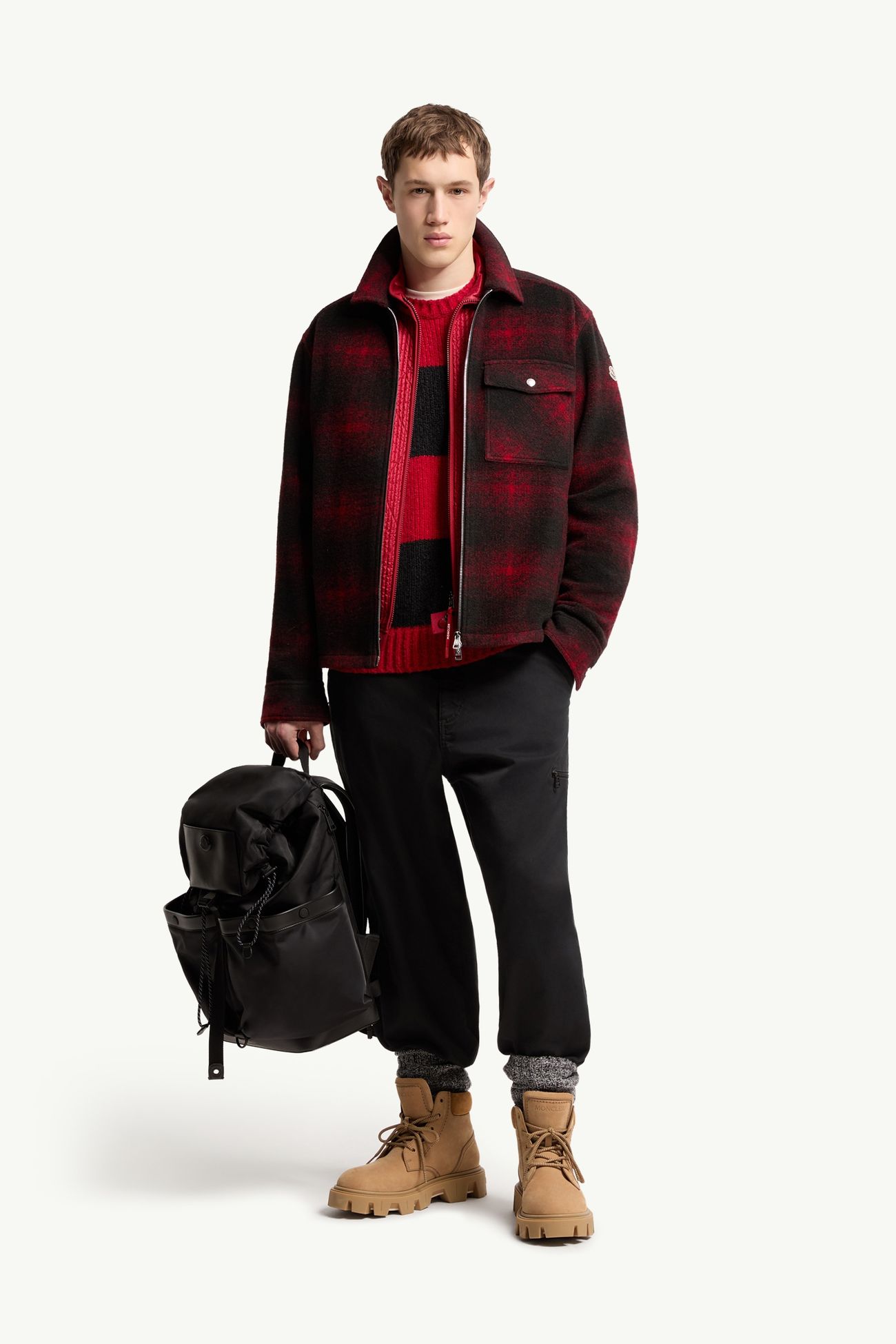 男士格纹拉链衬衫式夹克外套 男士 黑色 & 红色 Moncler 0