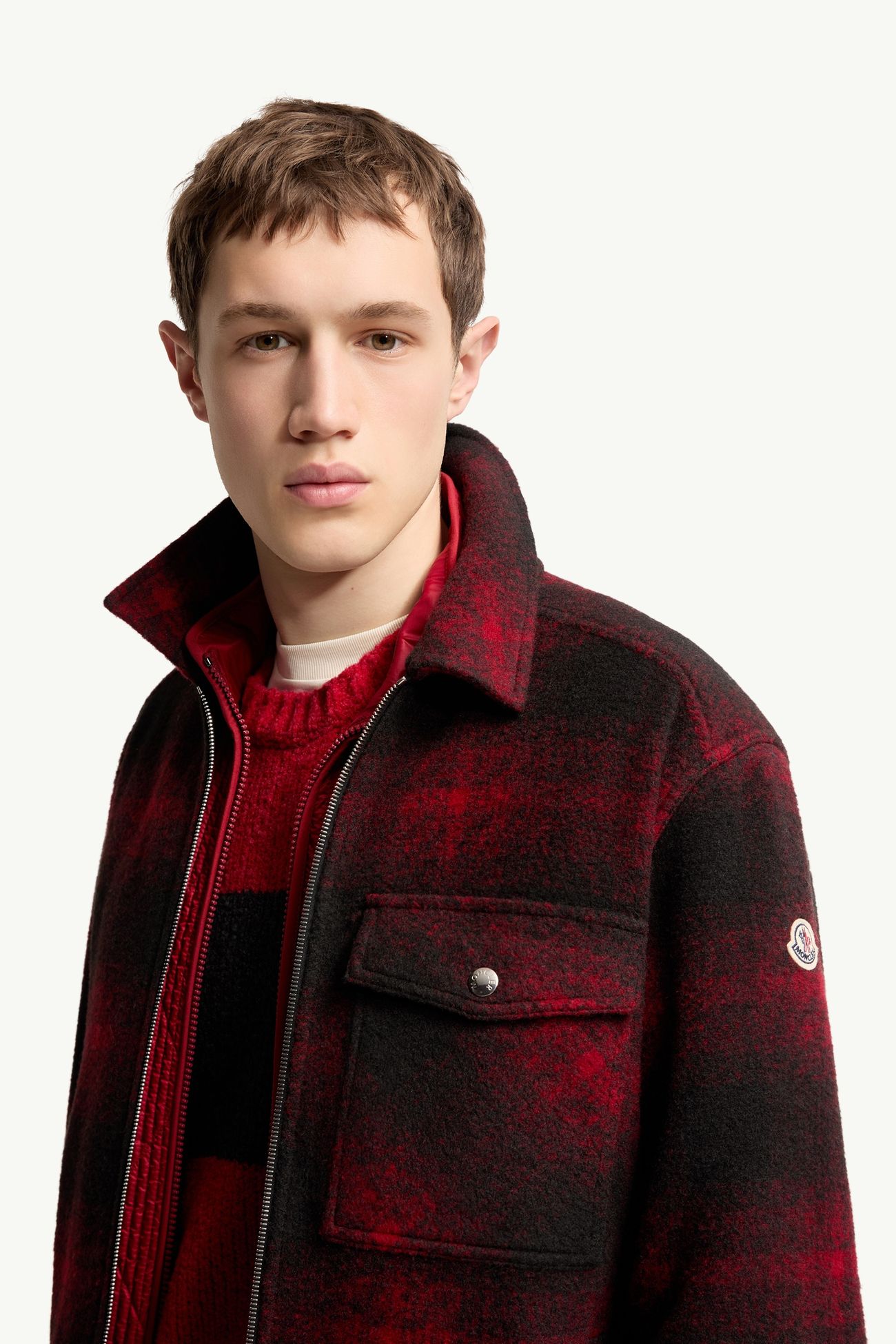 Check Jersey Zip-up Shirt Jacket Men Black & Red Moncler 1