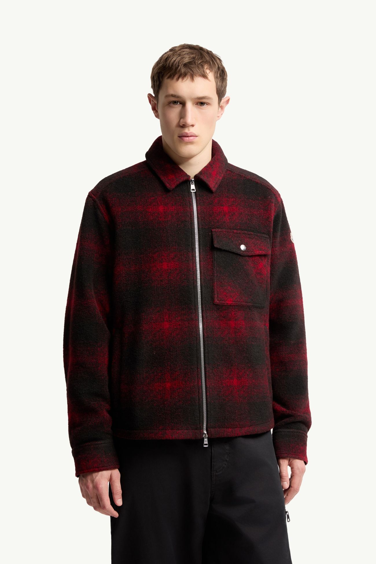 Check Jersey Zip-up Shirt Jacket Men Black & Red Moncler 3