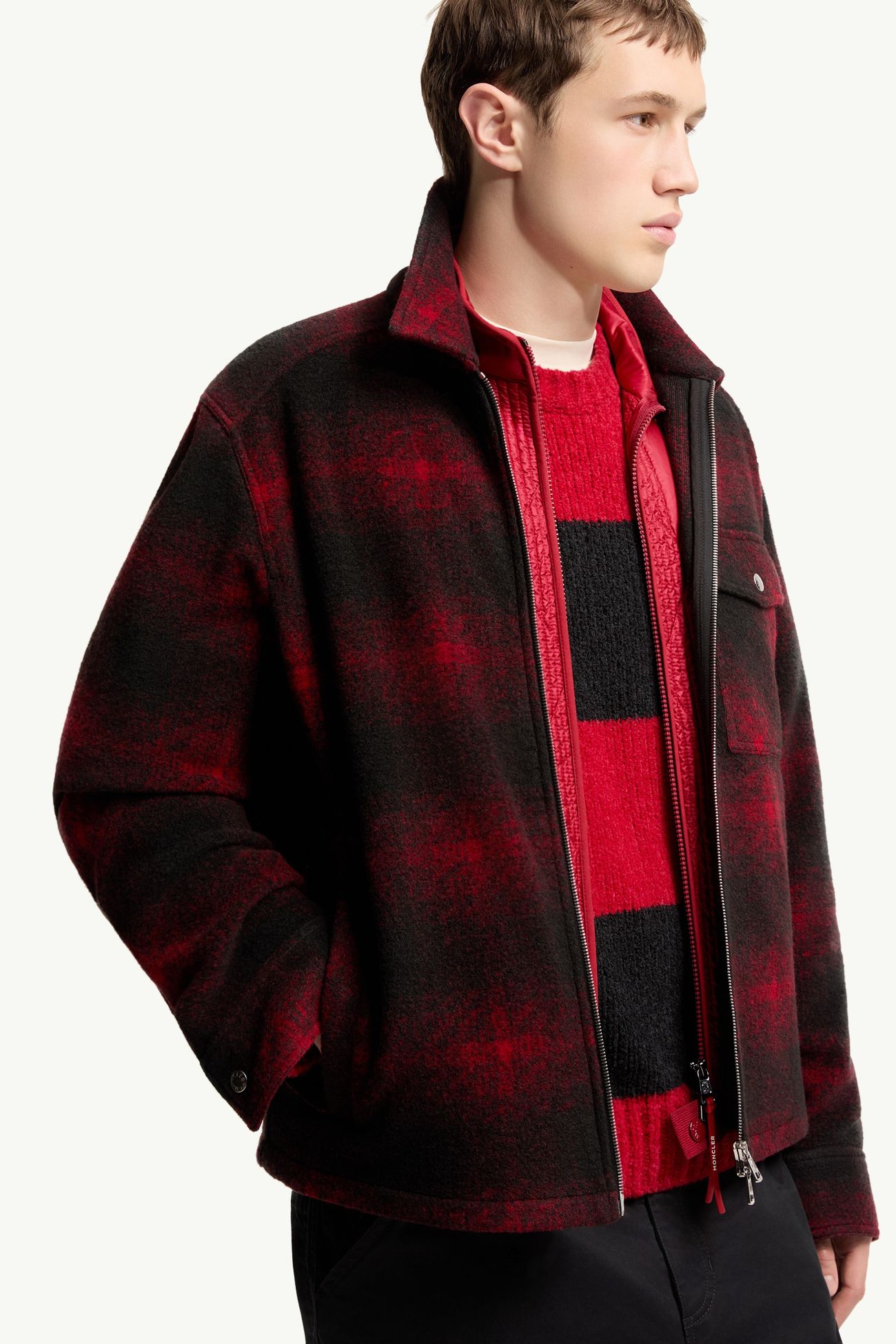 Check Jersey Zip-up Shirt Jacket Men Black & Red Moncler 5