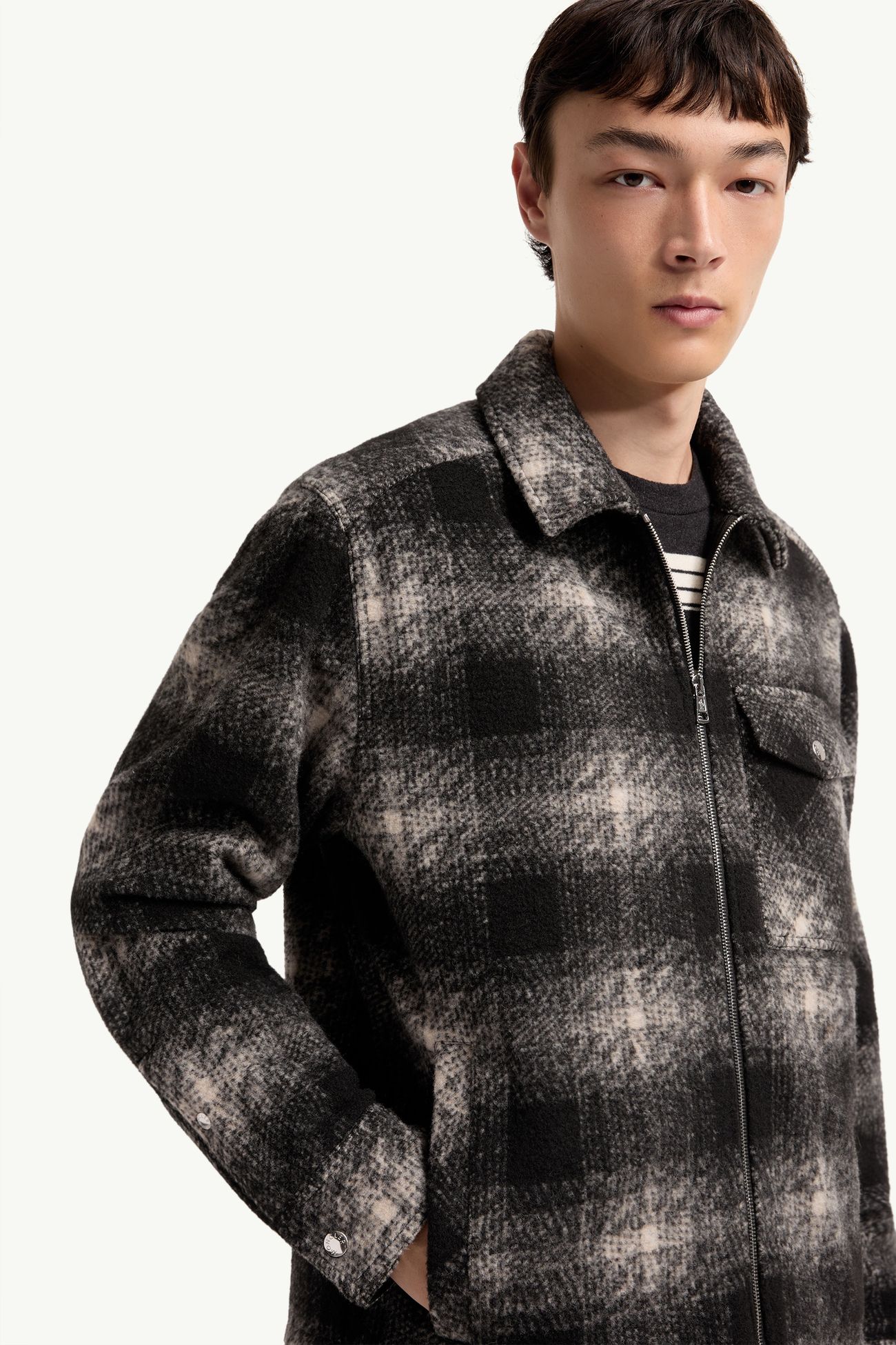 Check Jersey Zip-up Shirt Jacket Men Black & Grey Moncler 5