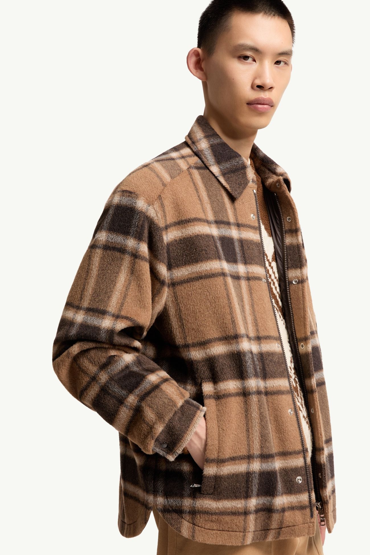 Check Wool Shirt Jacket Men Beige & Brown Moncler 5