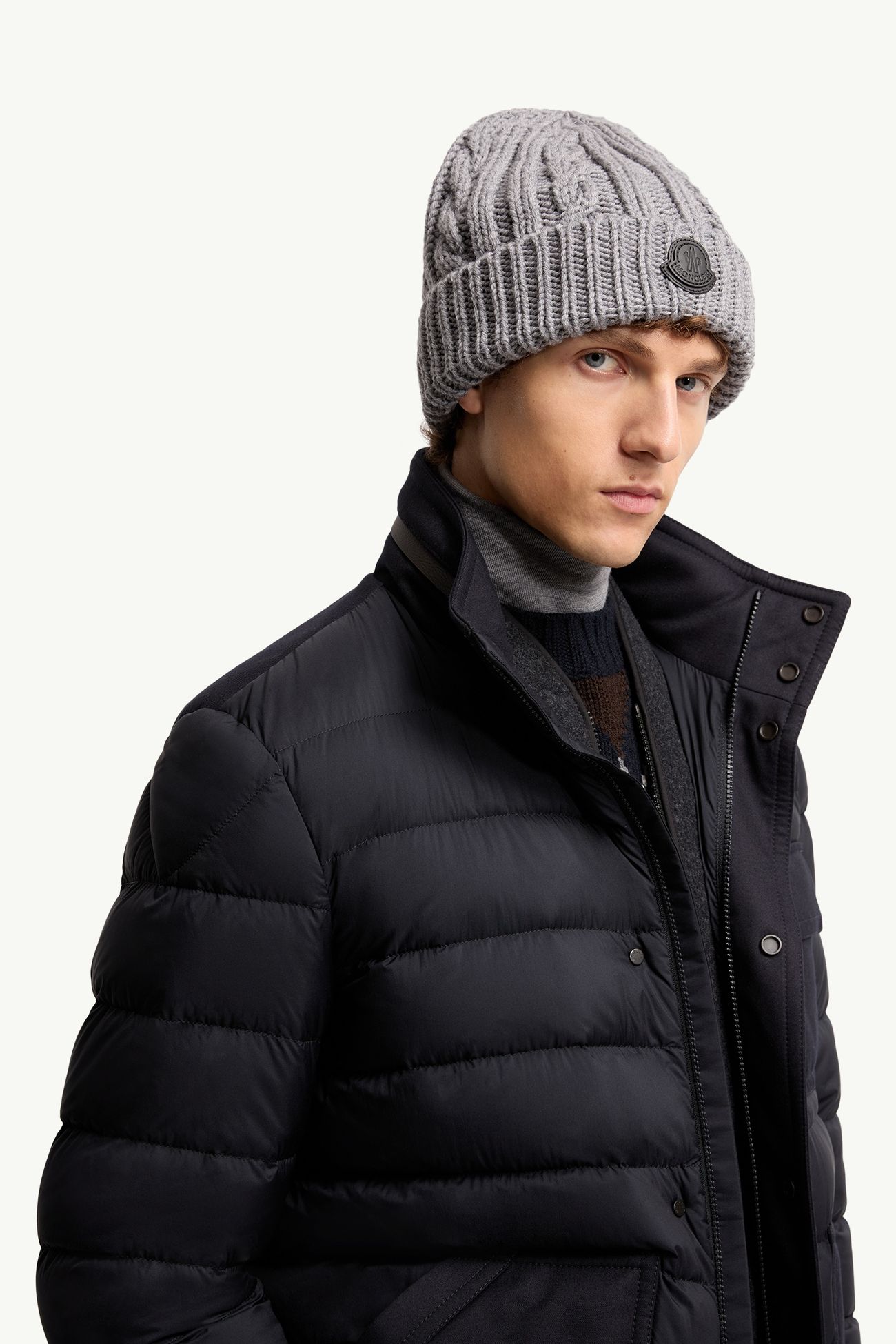 Leather Logo Wool Beanie Men Gray Moncler 1