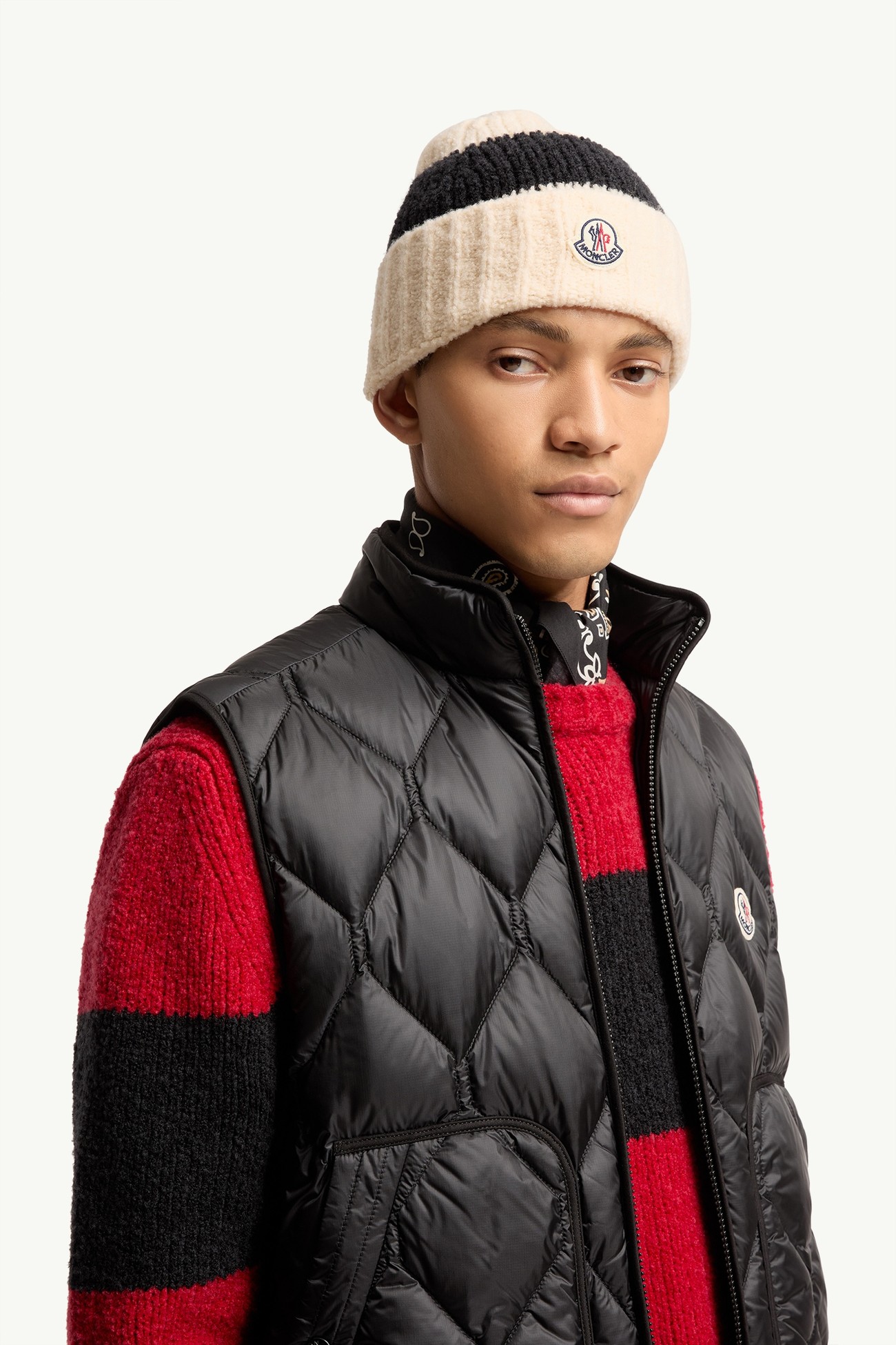 Bonnet rayé en maille de laine bouclée mélangée Hommes Noir & Blanc Moncler 1