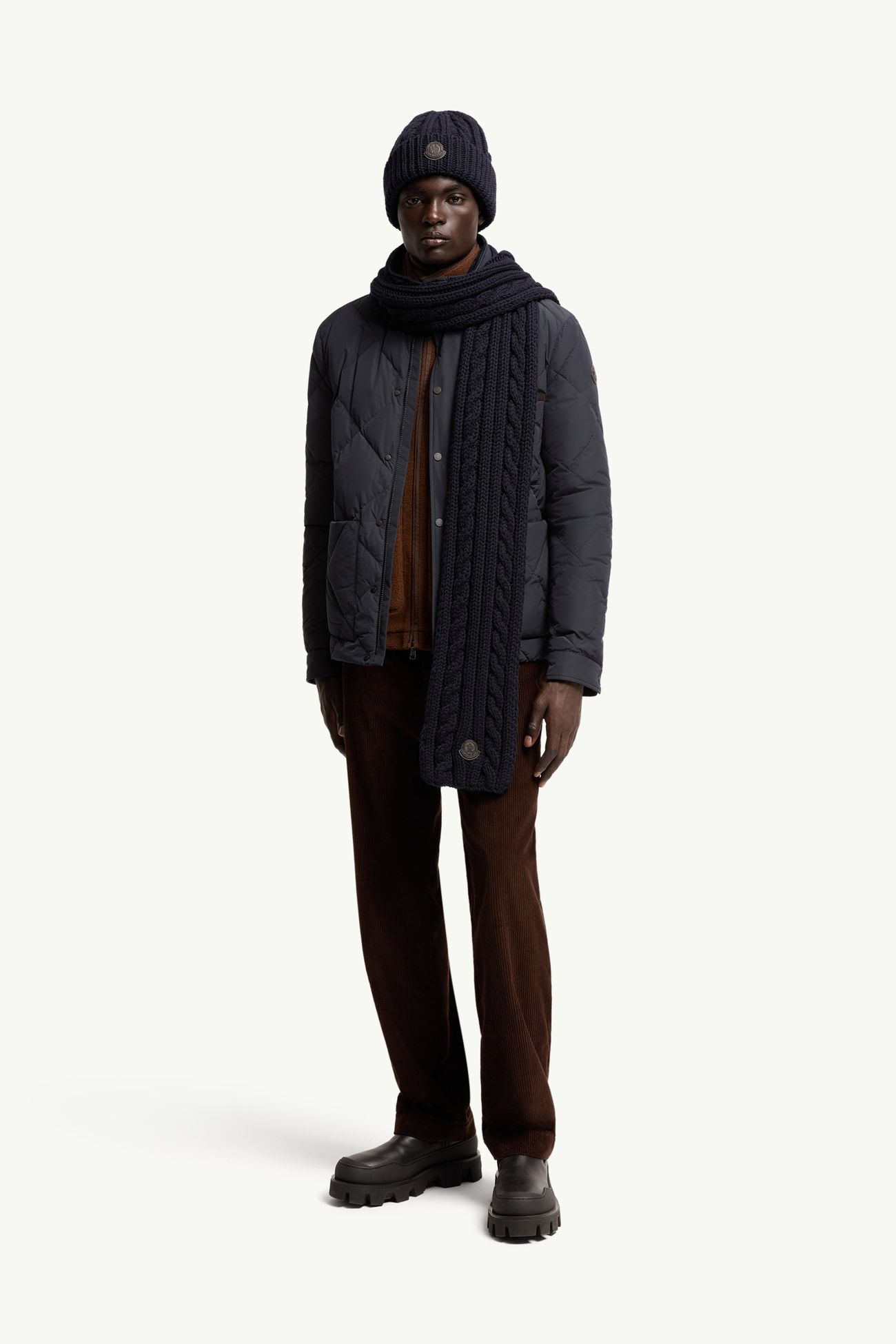Leather Logo Wool Scarf Men Dark Blue Moncler 1