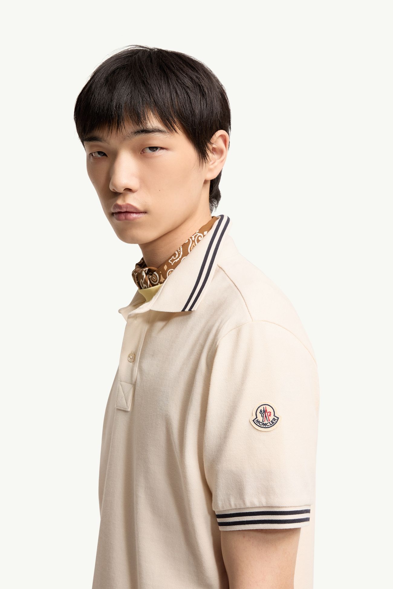 Striped Trim Cotton Piquet Polo Shirt Men White Ivory Moncler 1