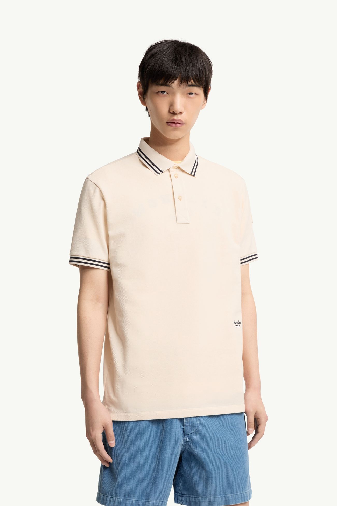 Polo en piqué de coton à bordure rayée Hommes Blanc Ivoire Moncler 3