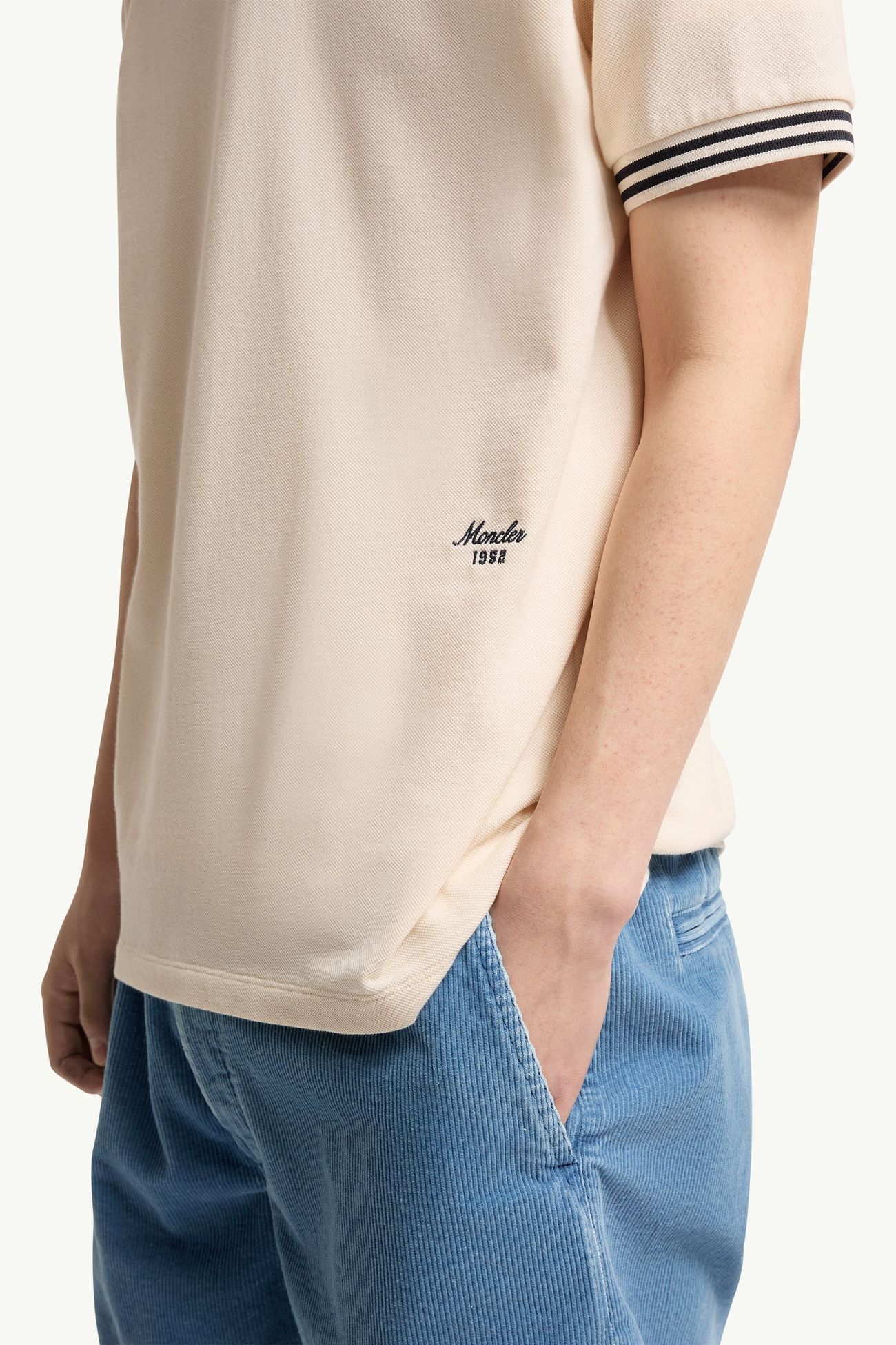 Polo de piqué de algodón con ribete de rayas Hombre Blanco Marfil Moncler 5