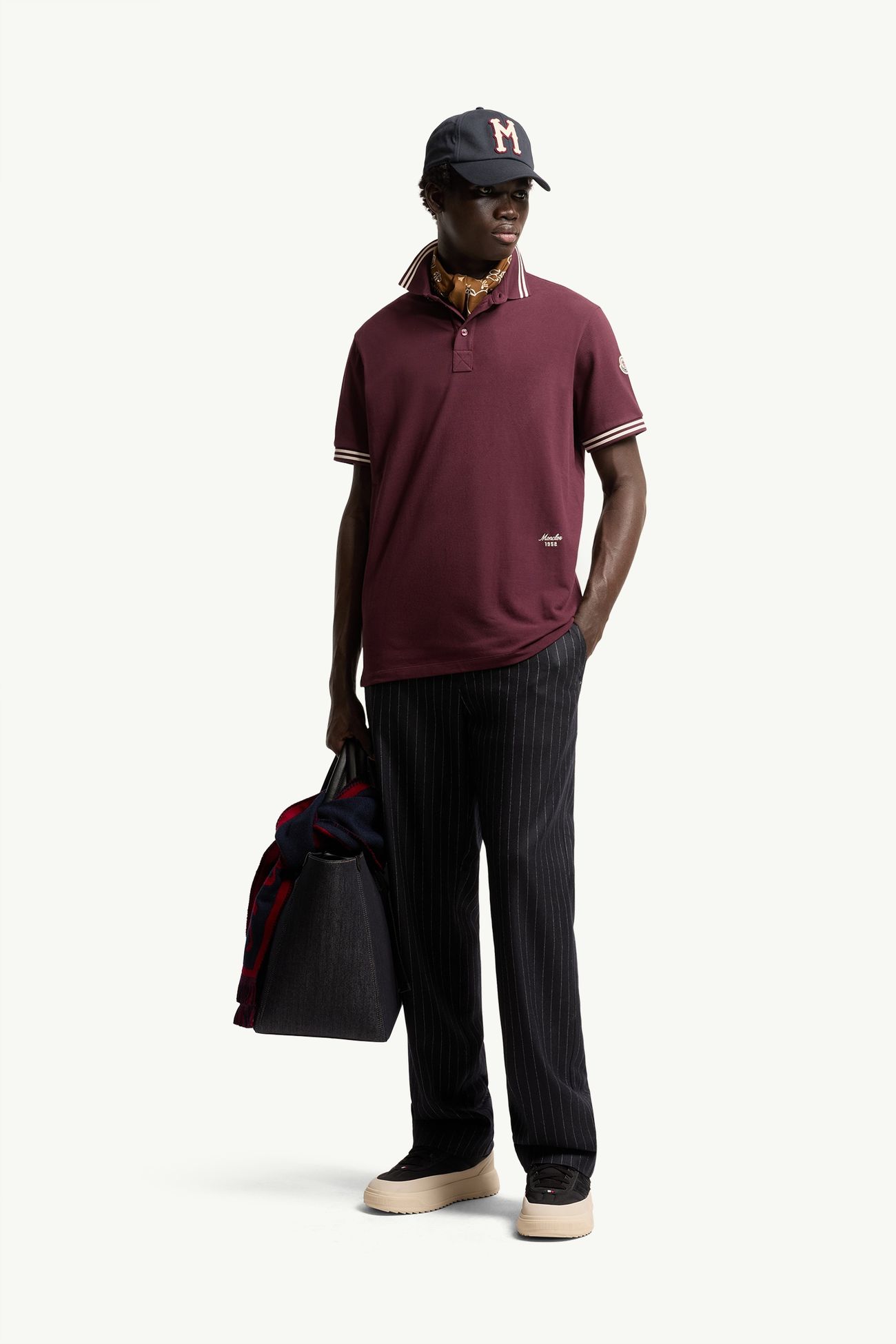 Polo en piqué de coton à bordure rayée Hommes Bordeaux Moncler 0