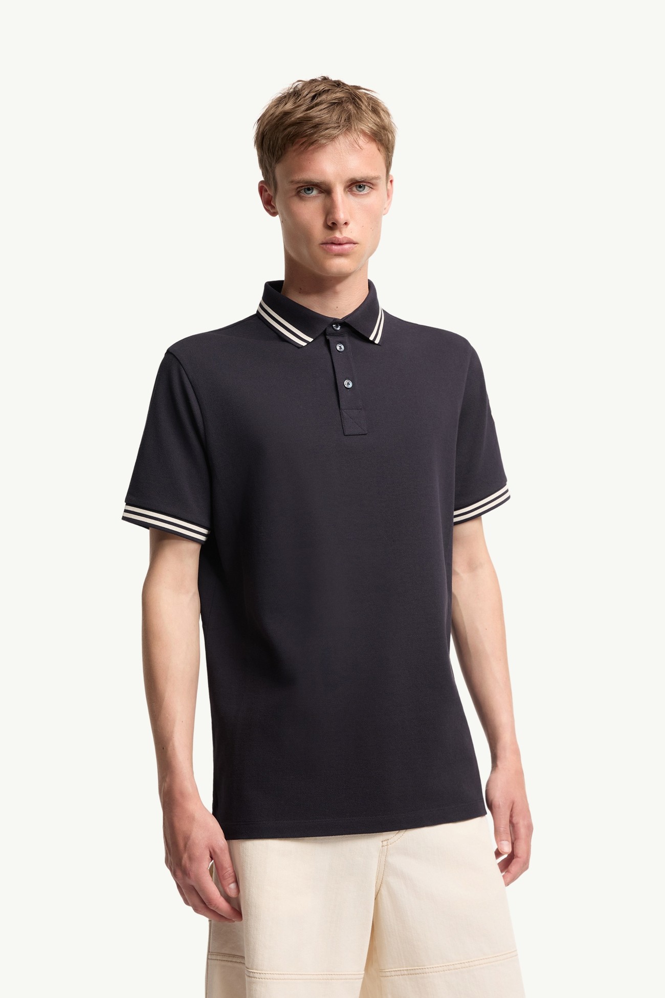 Striped Trim Cotton Piquet Polo Shirt Men Dark Blue Moncler 3