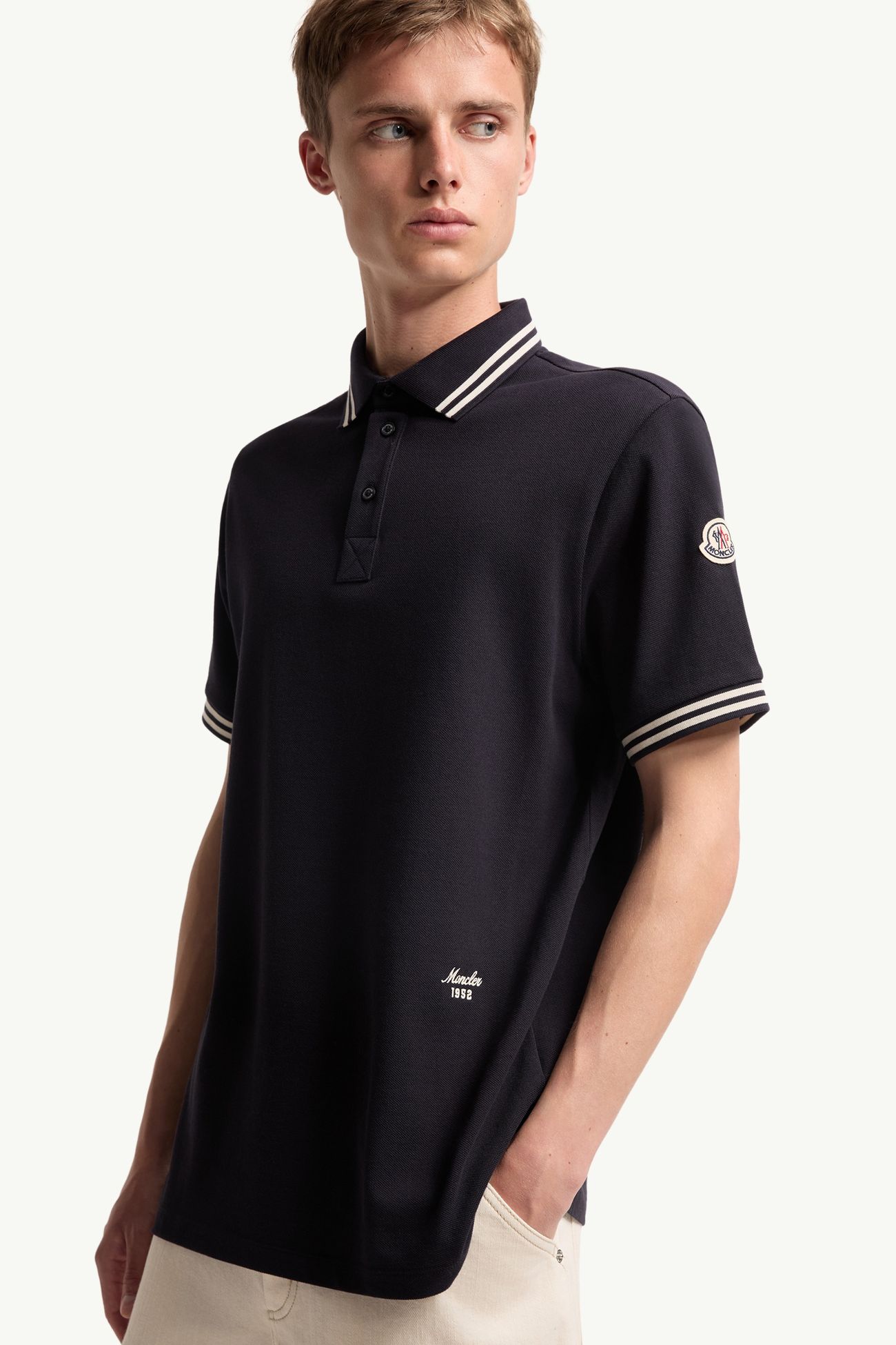 Striped Trim Cotton Piquet Polo Shirt Men Dark Blue Moncler 5