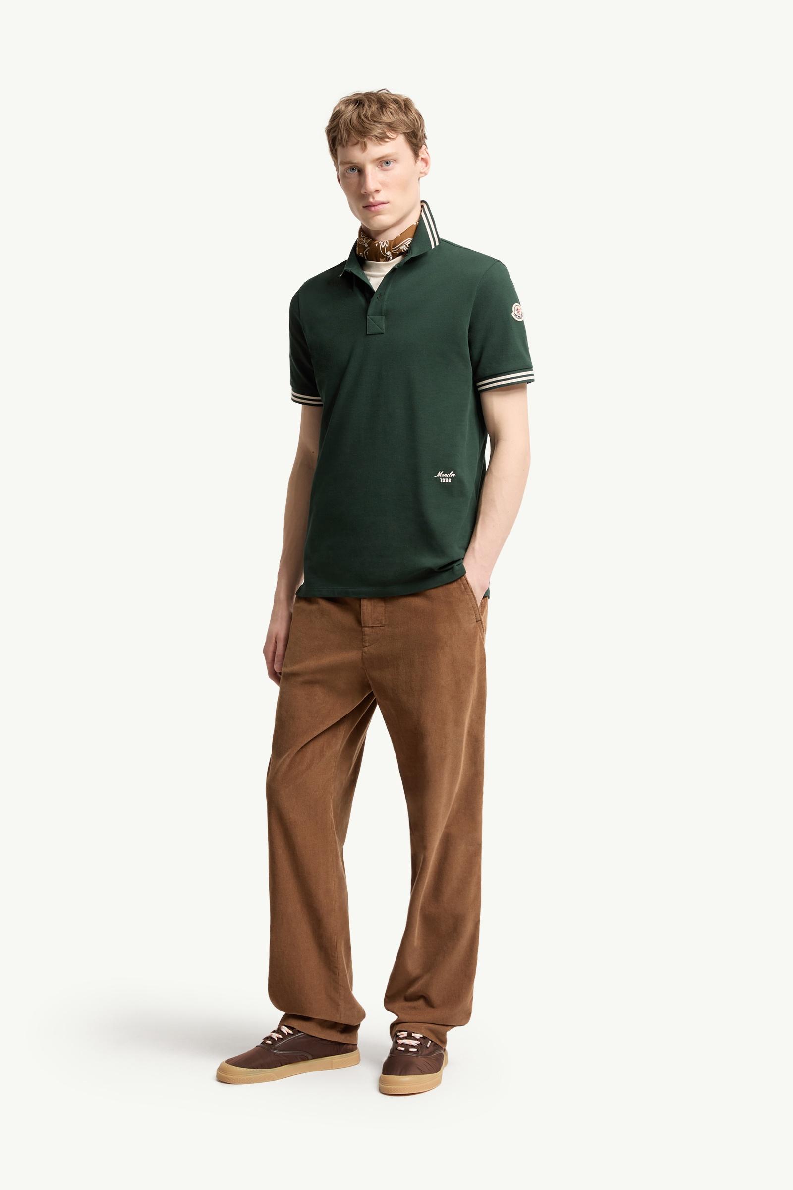 Dark Green Striped Trim Cotton Piquet Polo Shirt - Polos & T