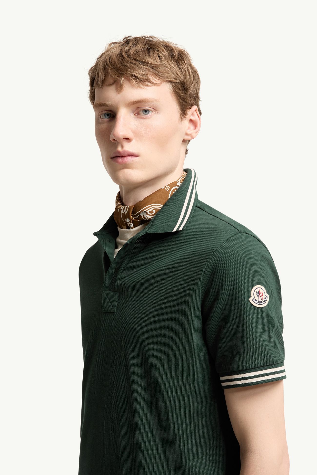 Striped Trim Cotton Piquet Polo Shirt Men Dark Green Moncler 1