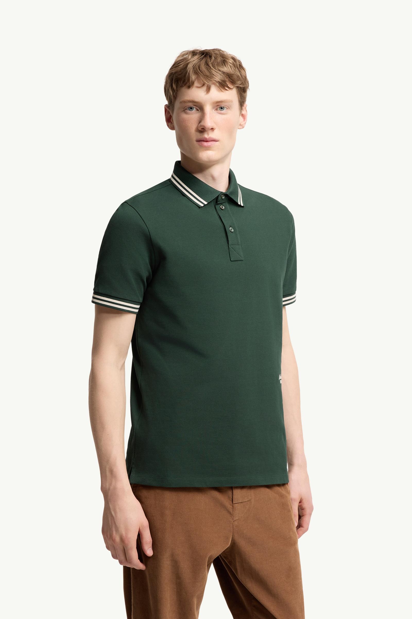 Dark Green Striped Trim Cotton Piquet Polo Shirt - Polos & T