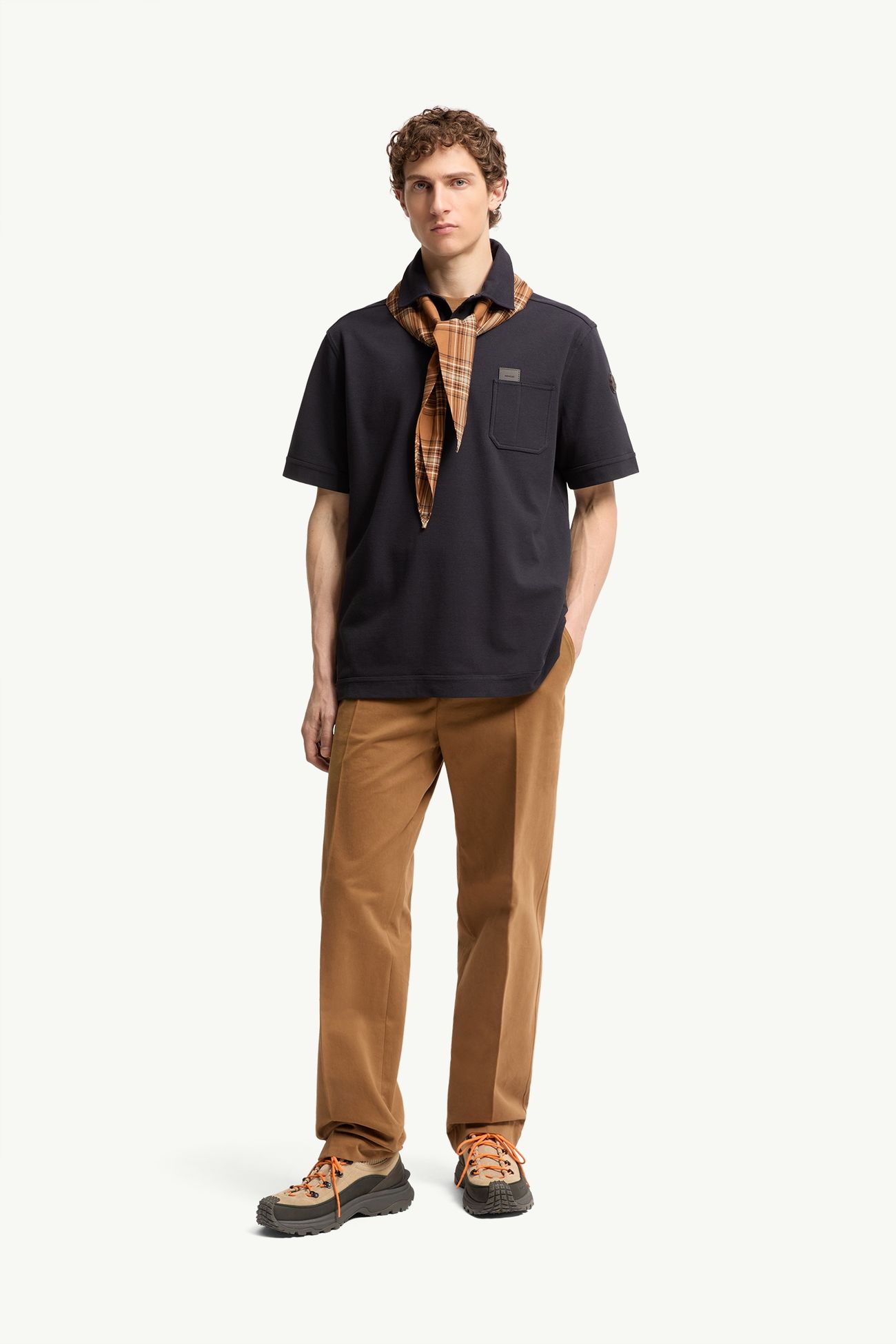 Polo en coton avec étiquette logo en cuir Hommes Bleu foncé Moncler 0