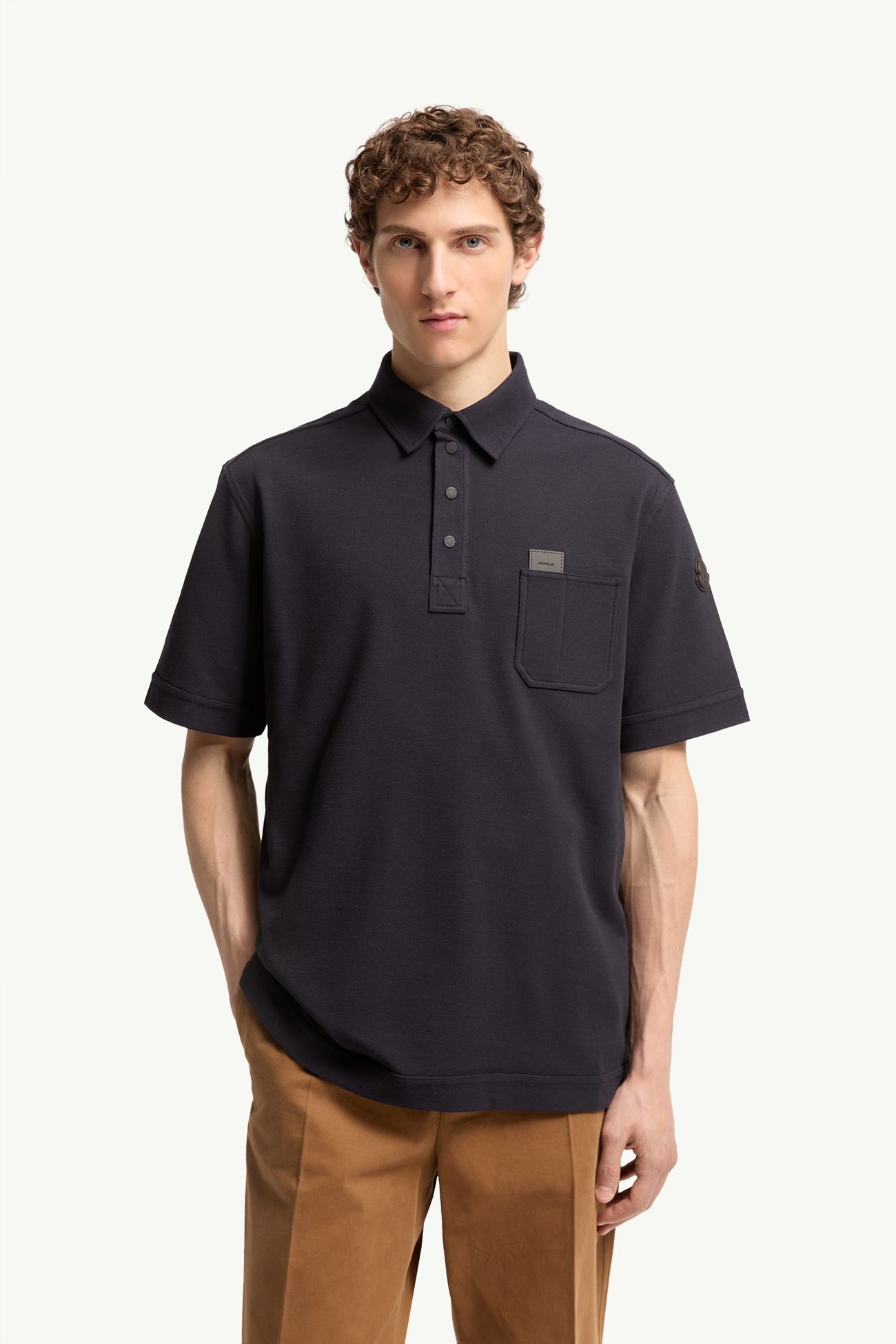 Polo en coton avec étiquette logo en cuir Hommes Bleu foncé Moncler 3